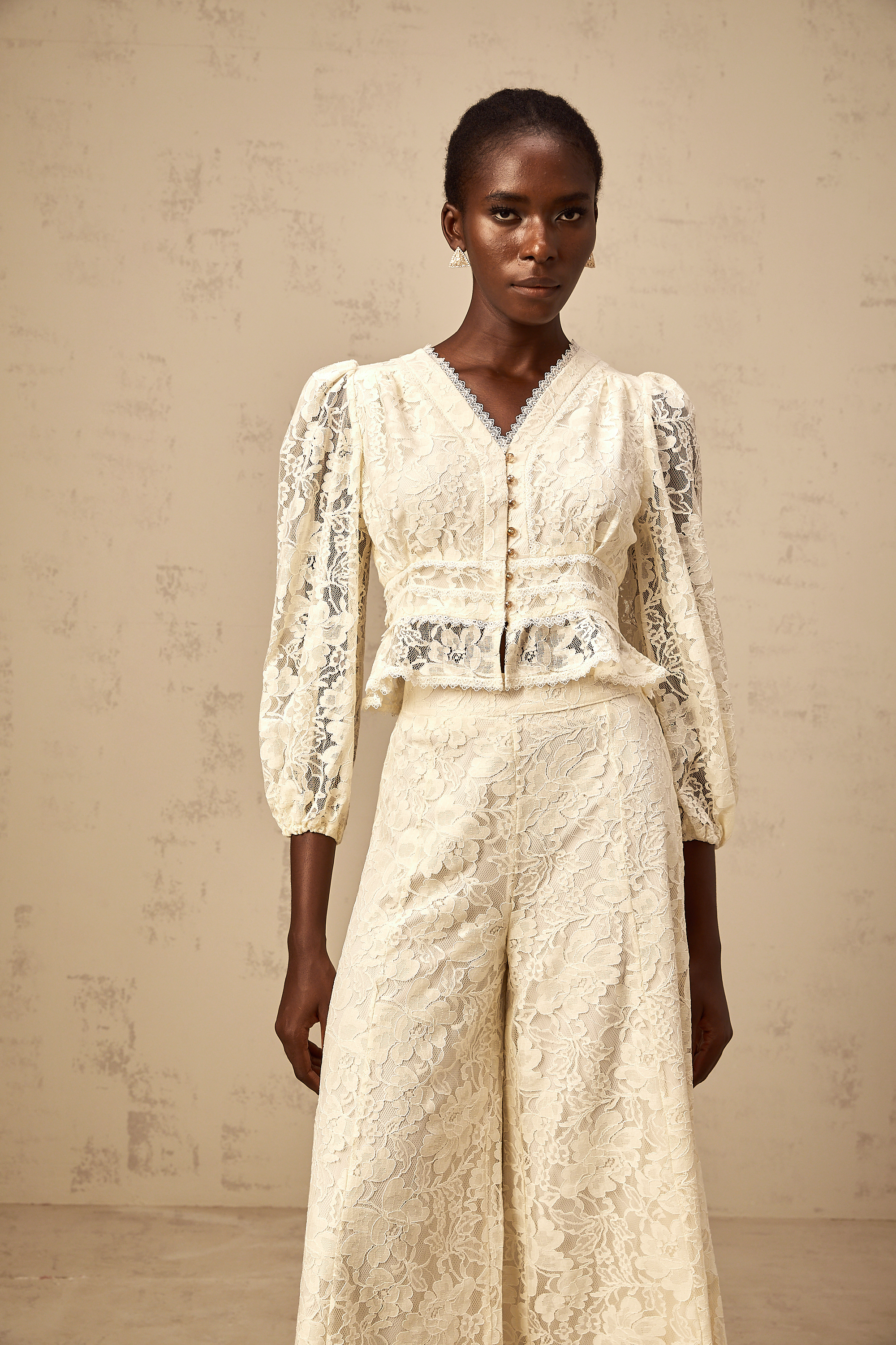 Jacinthe neutrals floral-lace blouse & trousers matching set