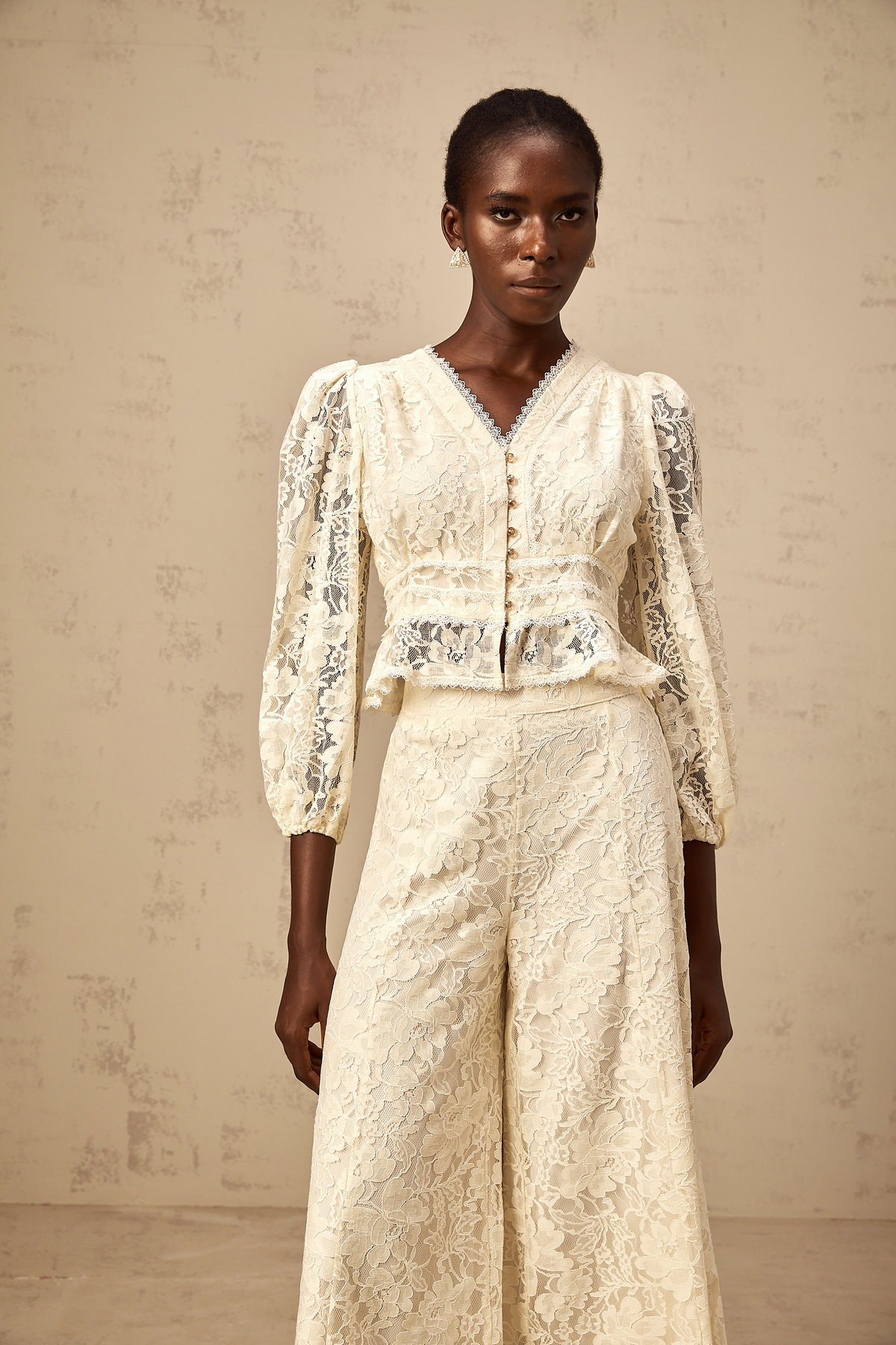 Jacinthe neutrals floral-lace blouse & trousers matching set