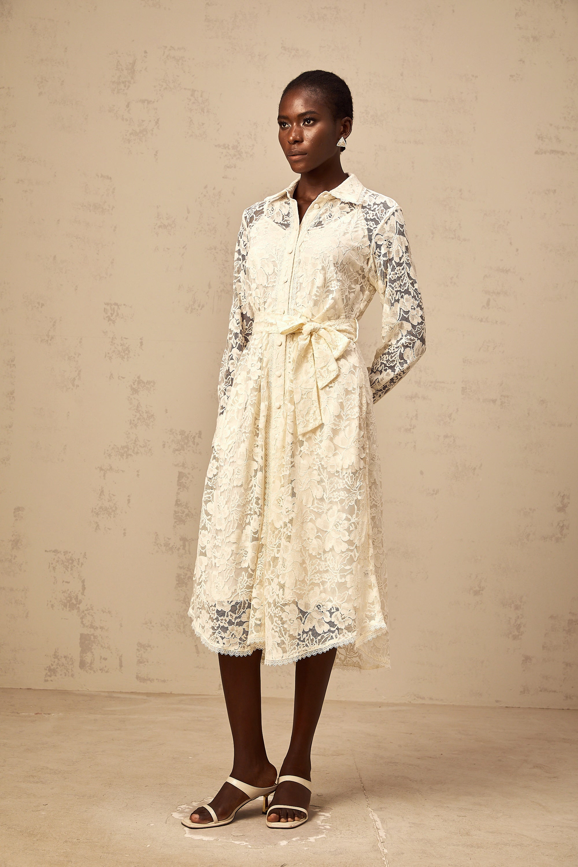 Juliette neutrals guipure-lace midi shirt dress
