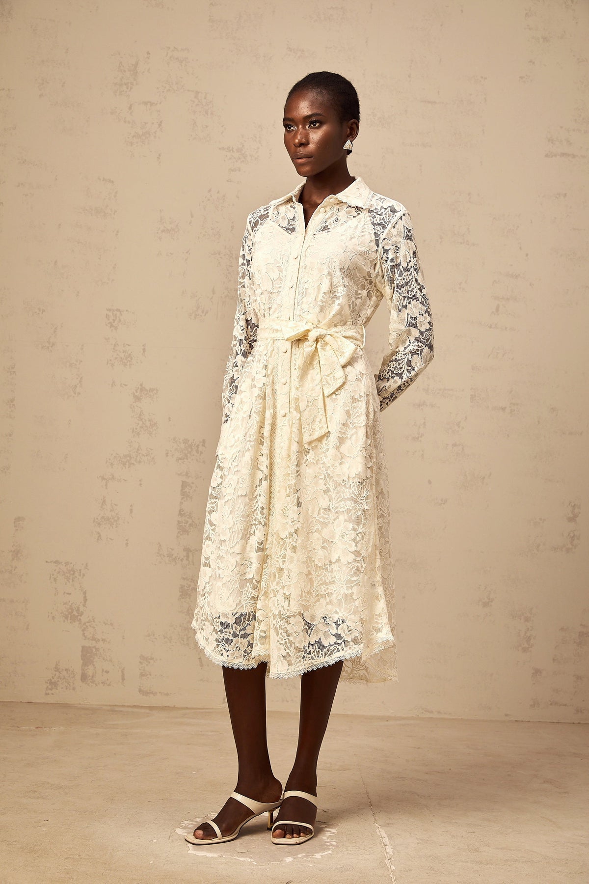 Juliette neutrals guipure-lace midi shirt dress