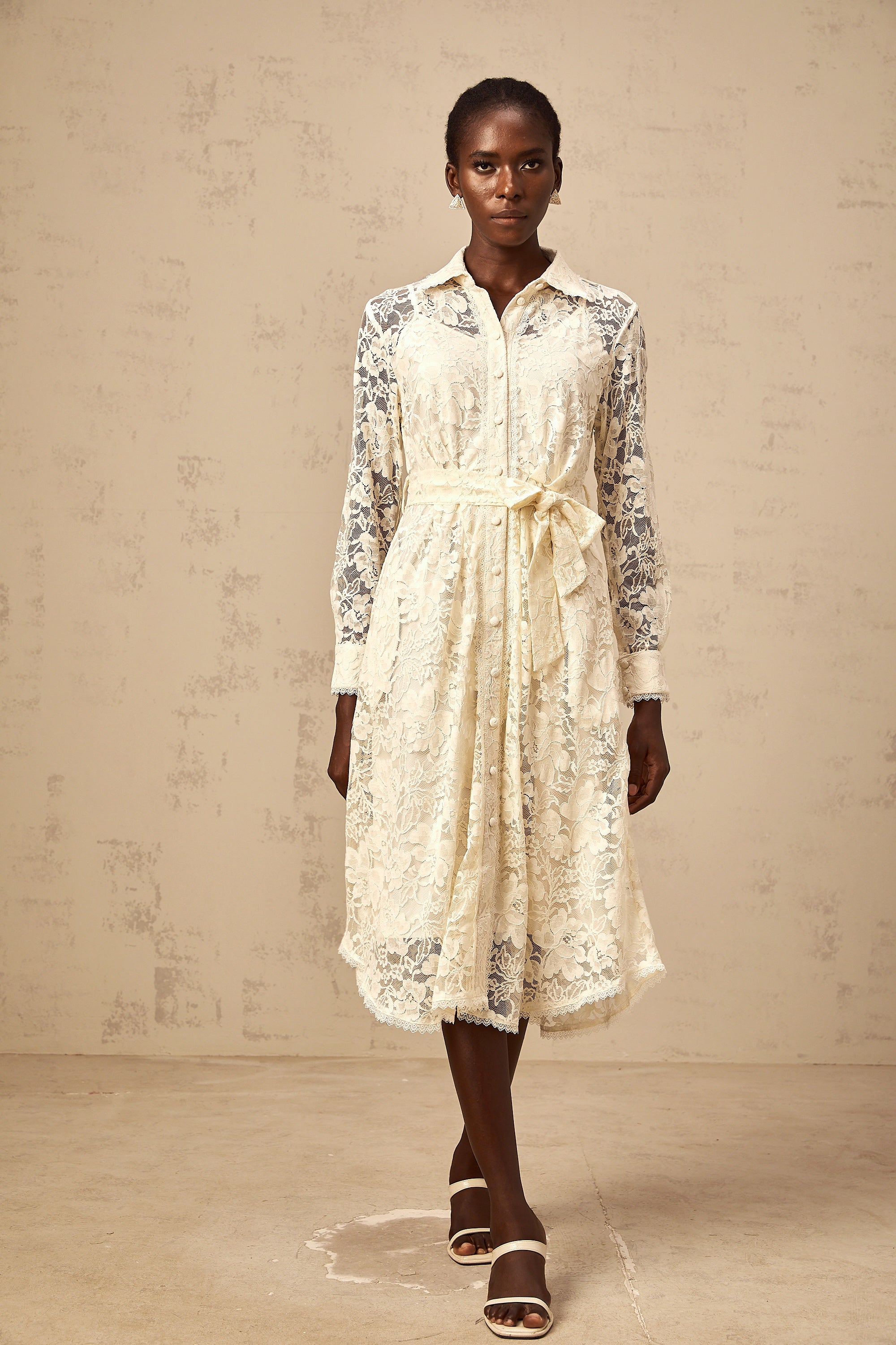Juliette neutrals guipure-lace midi shirt dress