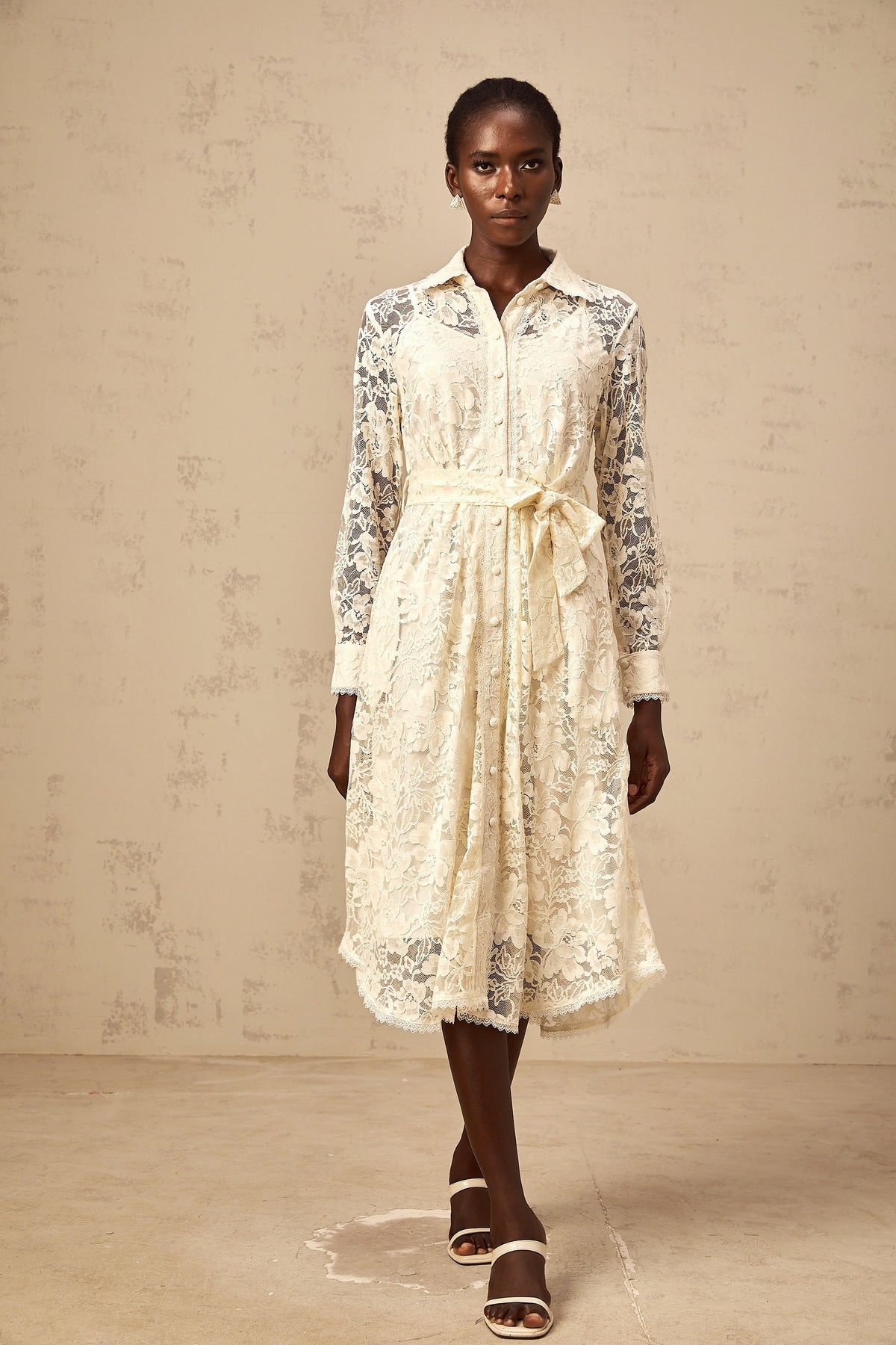 Juliette neutrals guipure-lace midi shirt dress