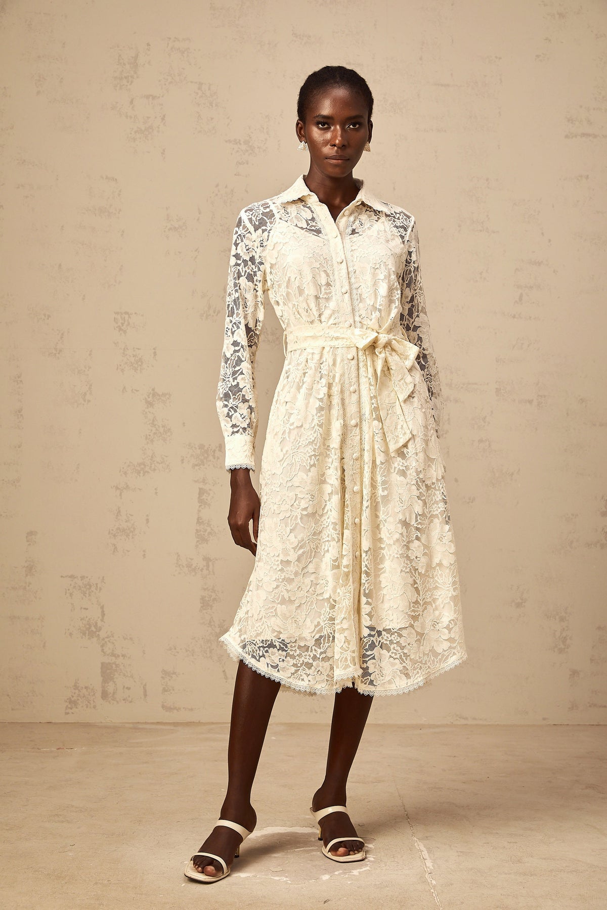 Juliette neutrals guipure-lace midi shirt dress