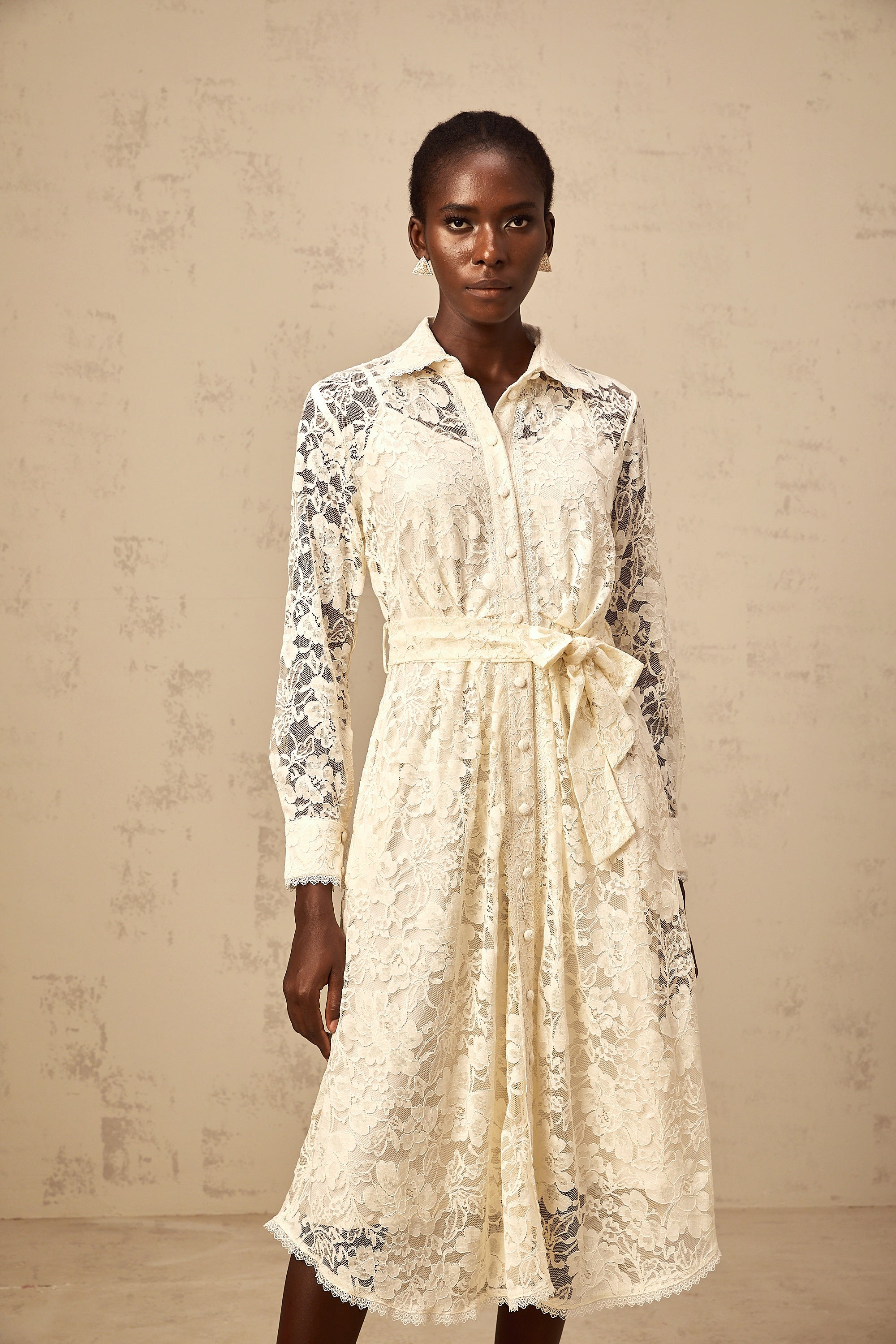 Juliette neutrals guipure-lace midi shirt dress