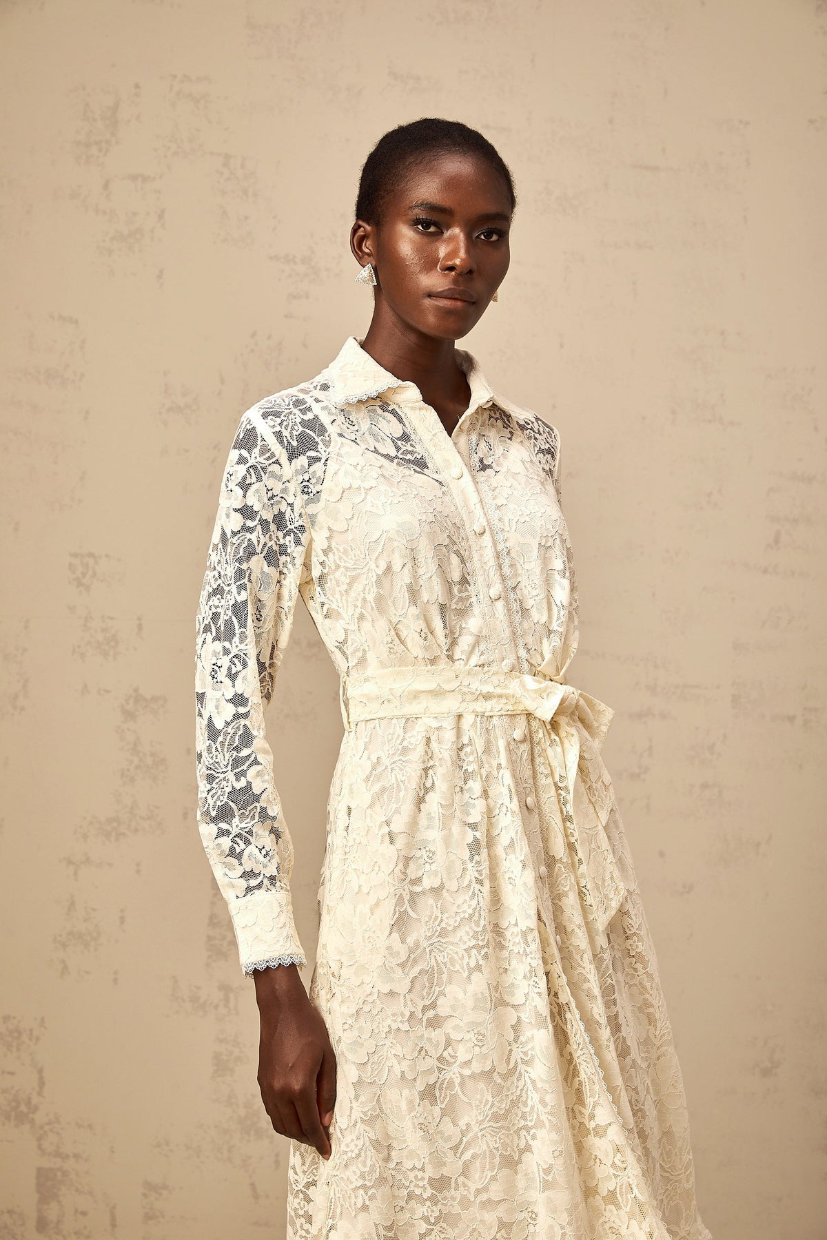 Juliette neutrals guipure-lace midi shirt dress