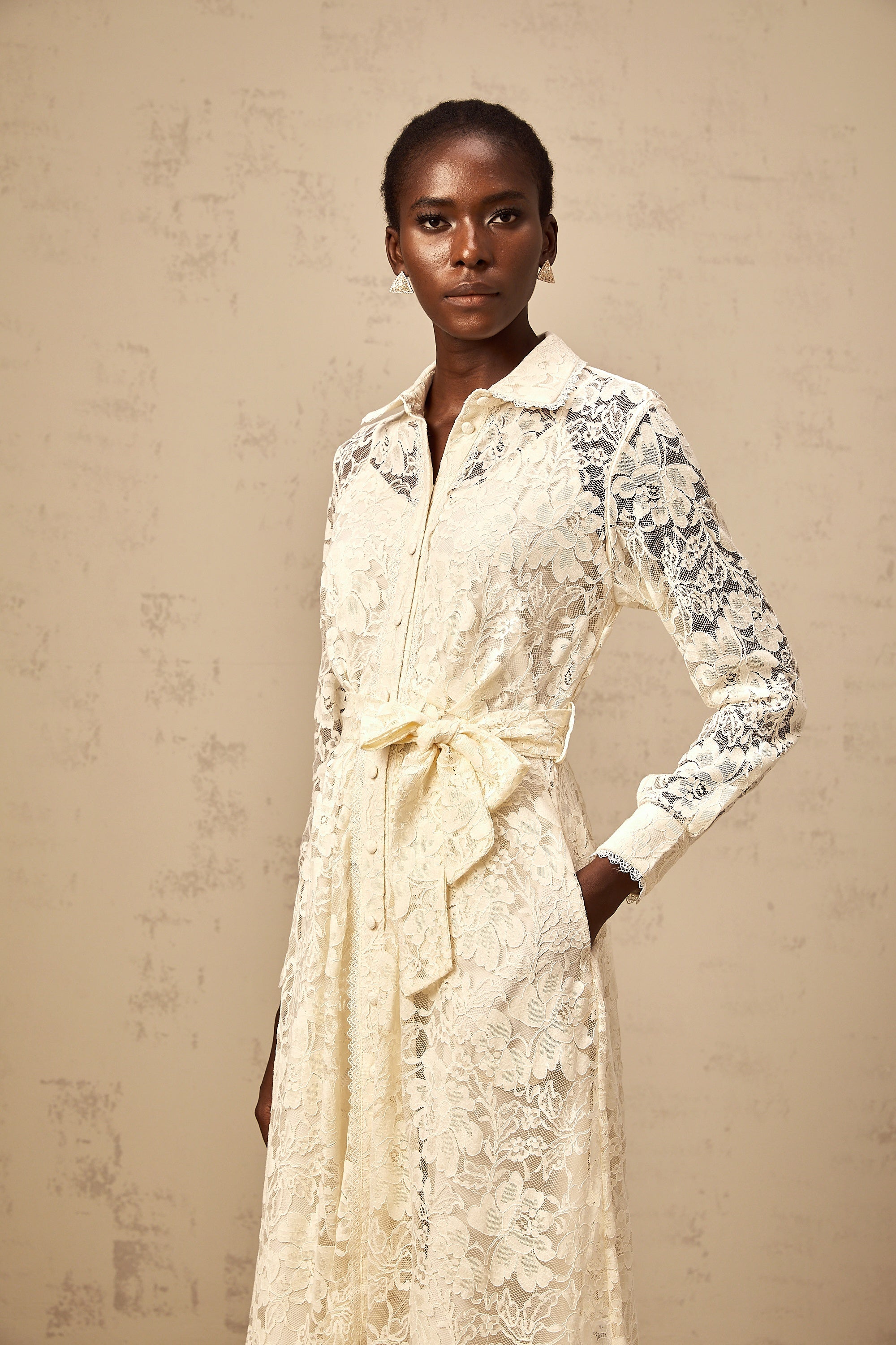 Juliette neutrals guipure-lace midi shirt dress