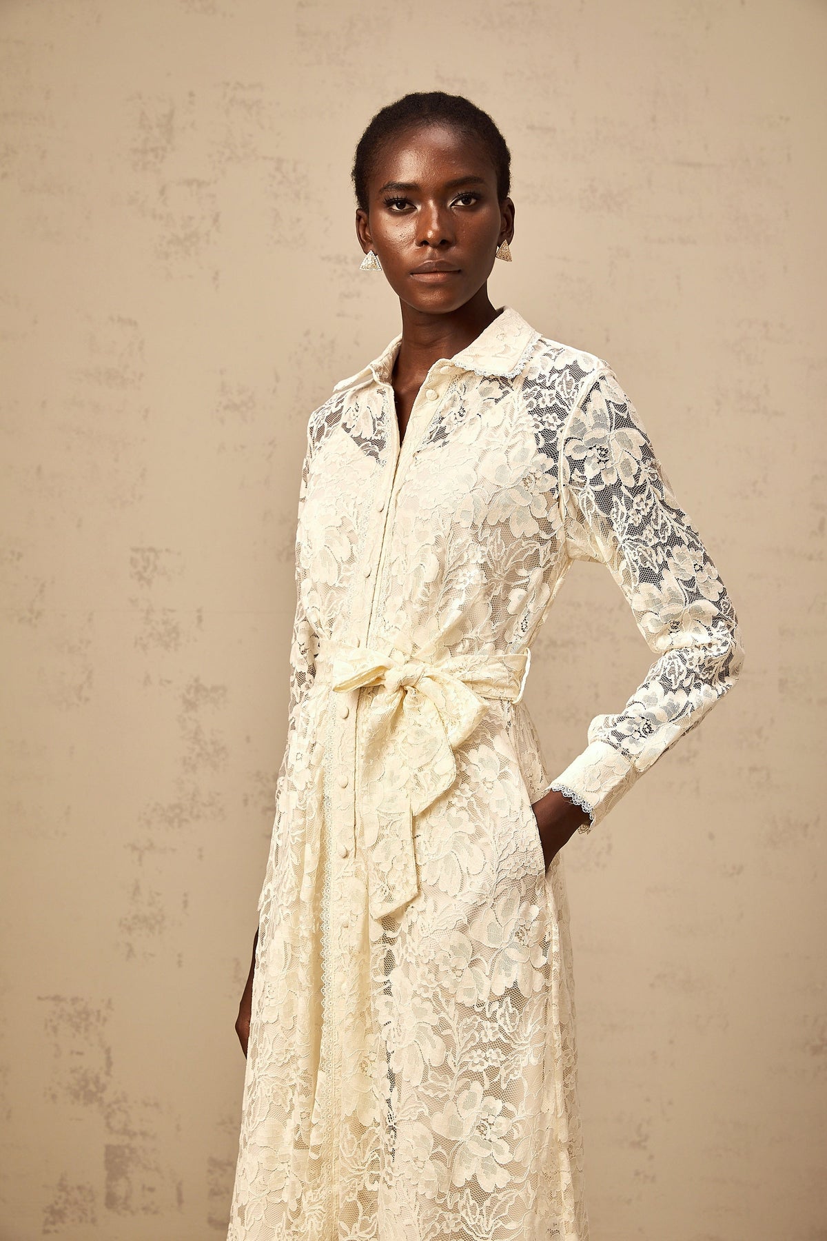 Juliette neutrals guipure-lace midi shirt dress