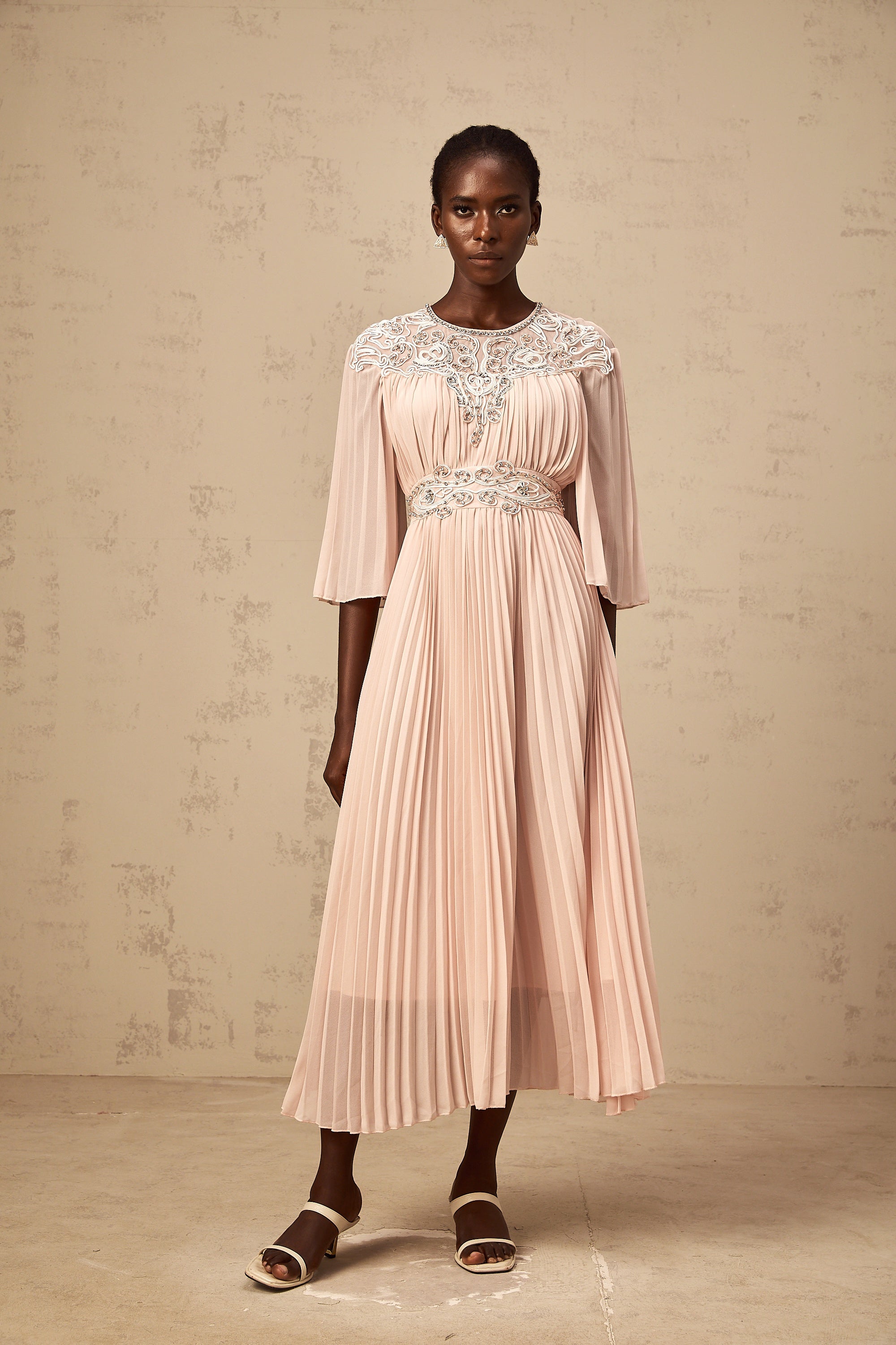 Théa pink crystal full-pleat midi dress