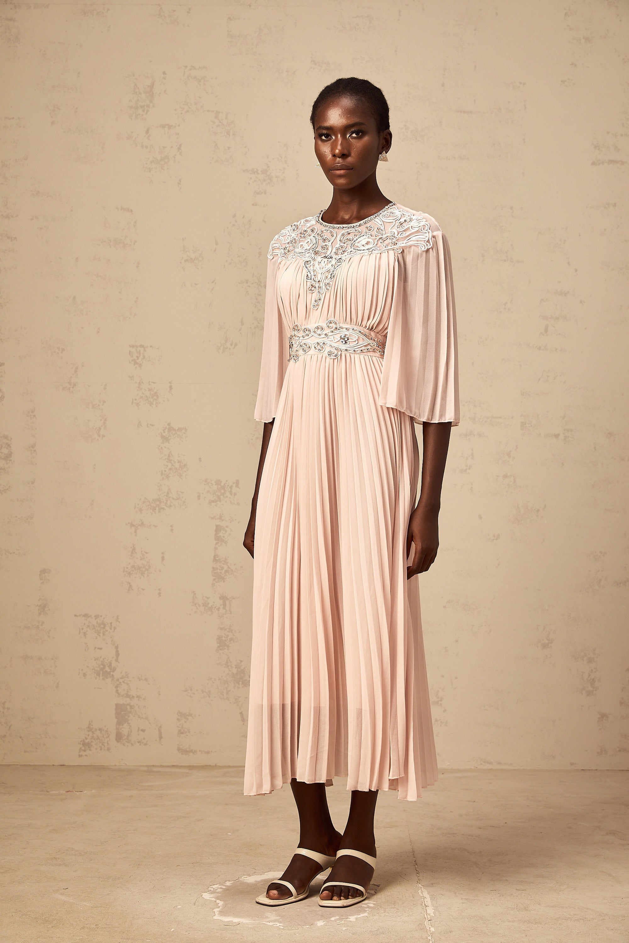 Théa pink crystal full-pleat midi dress