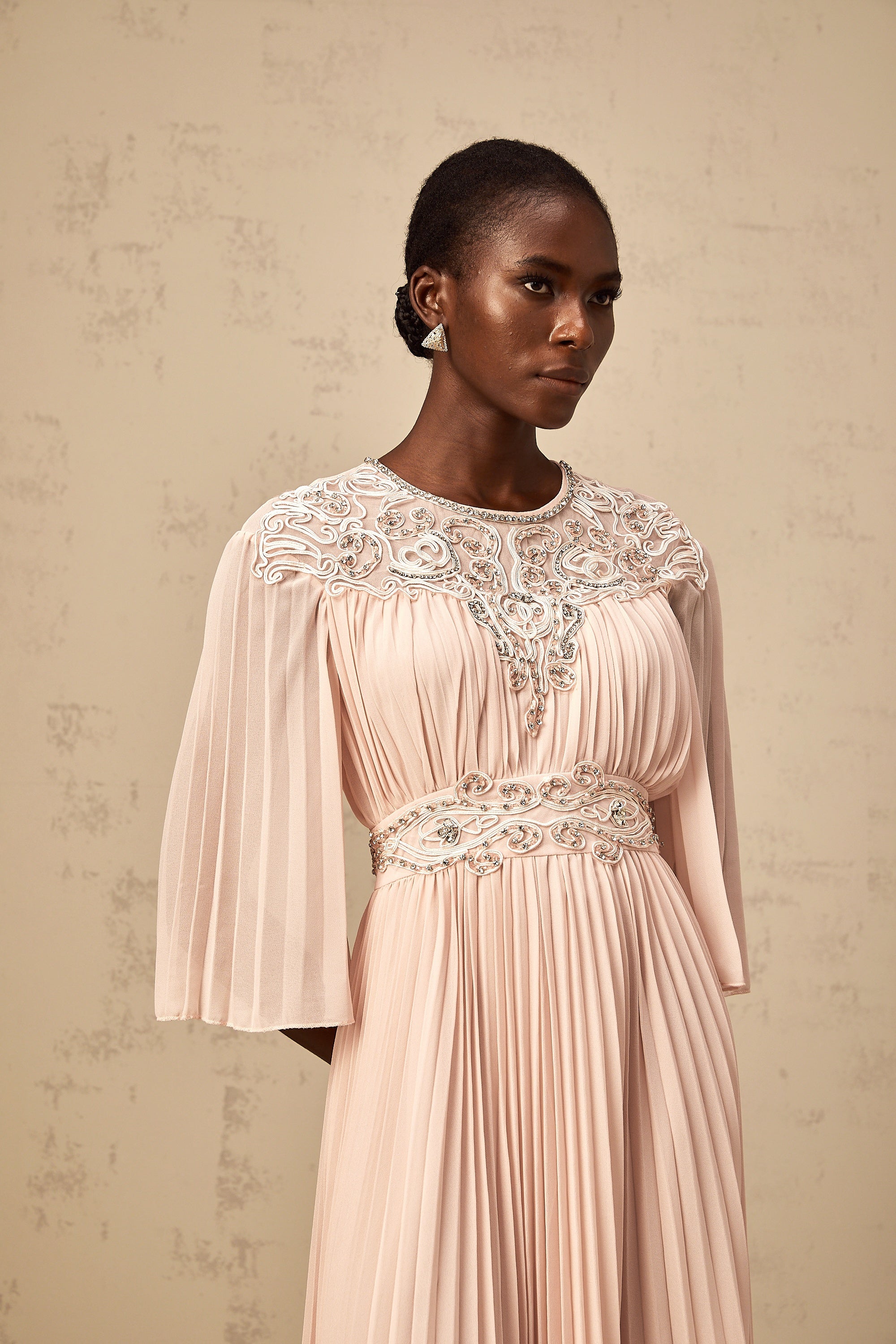 Théa pink crystal full-pleat midi dress