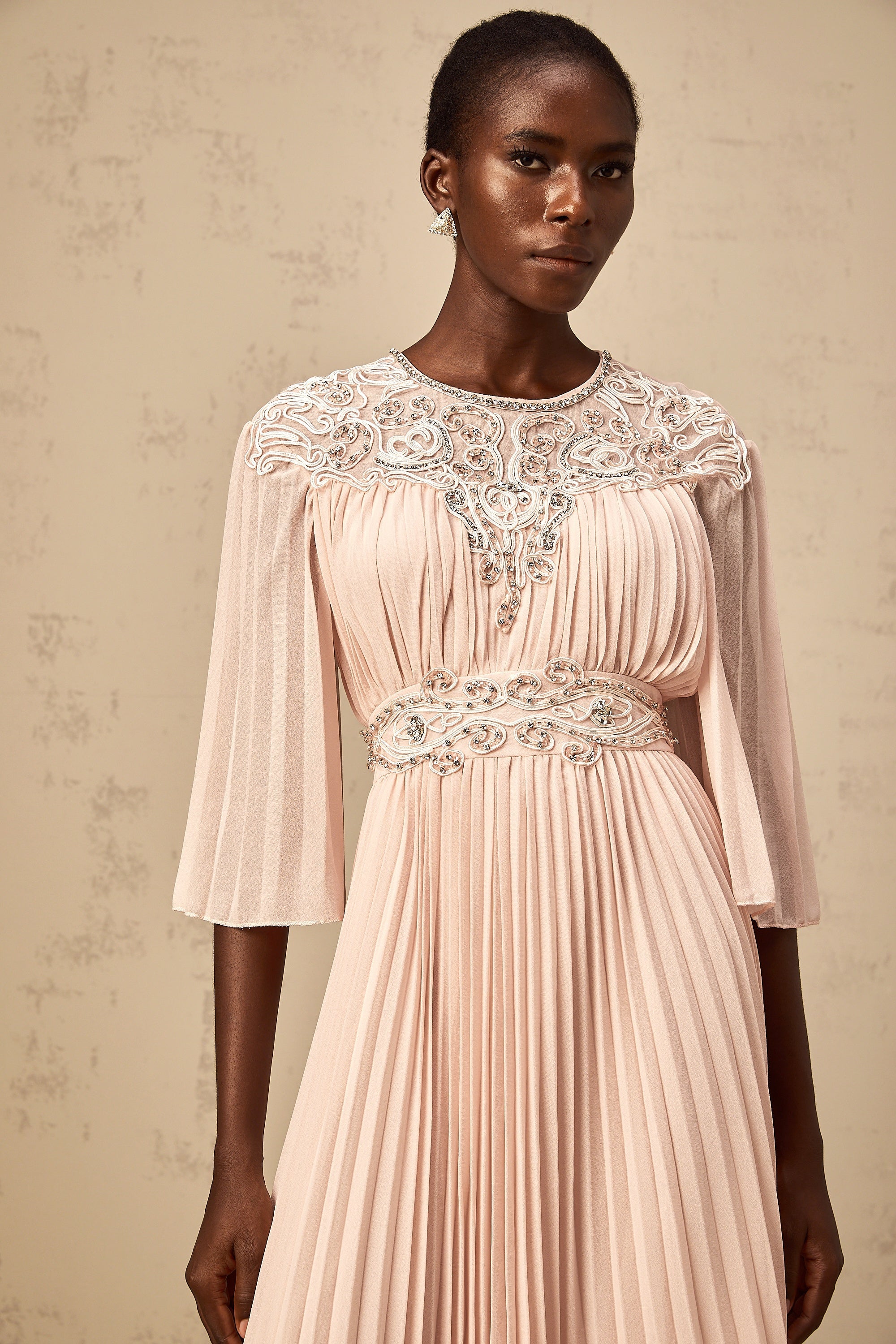 Théa pink crystal full-pleat midi dress