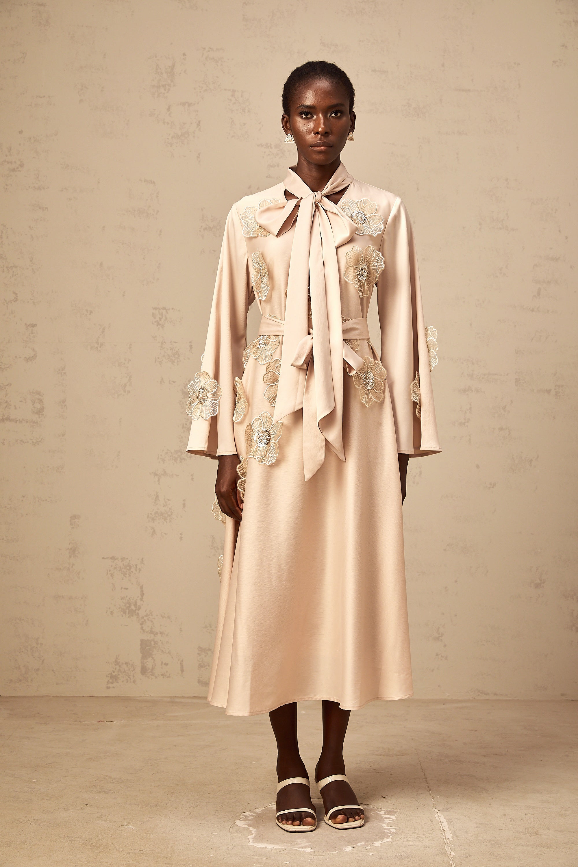 Orane tied floral-applique flared midi dress in Neutrals