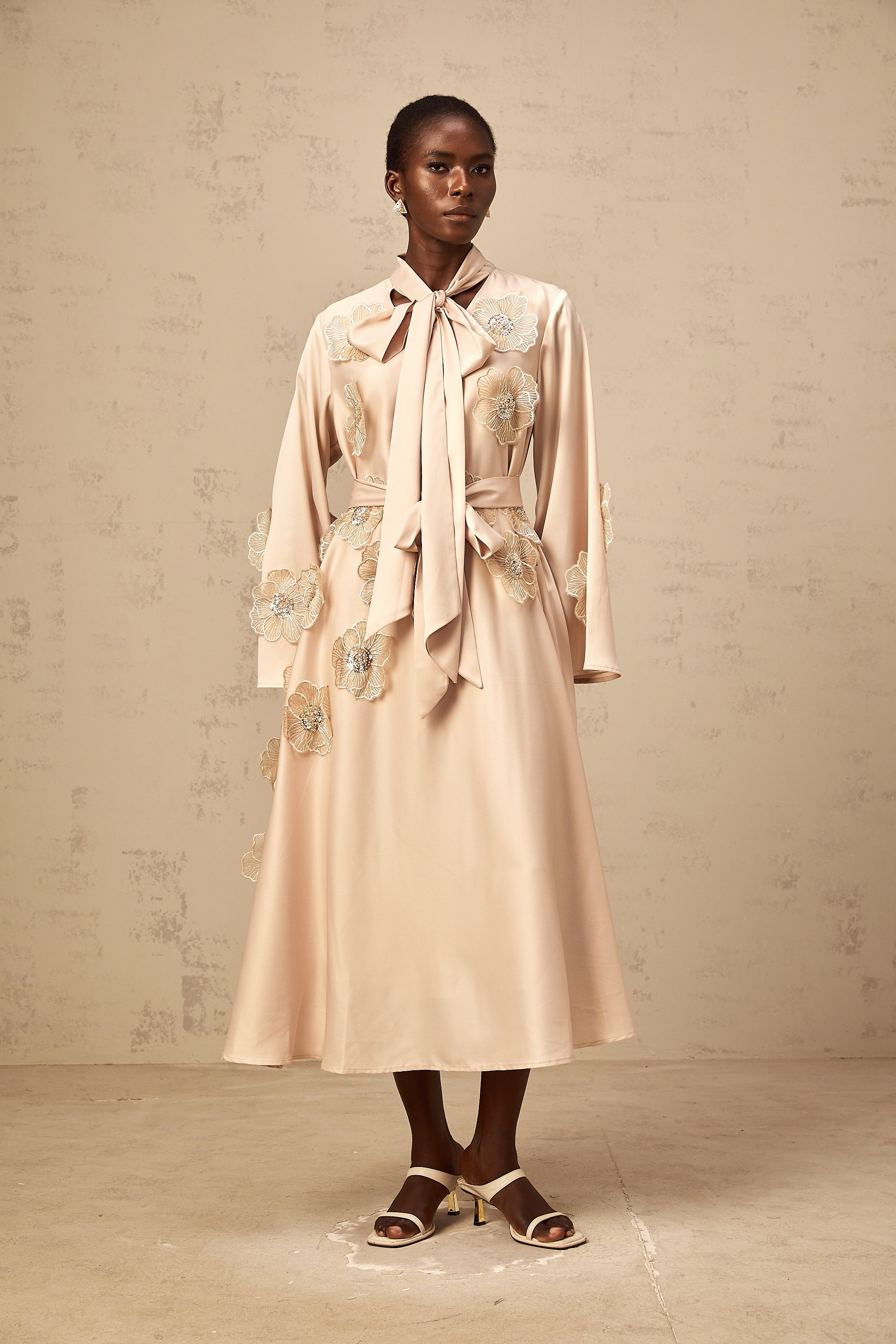 Orane tied floral-applique flared midi dress in Neutrals