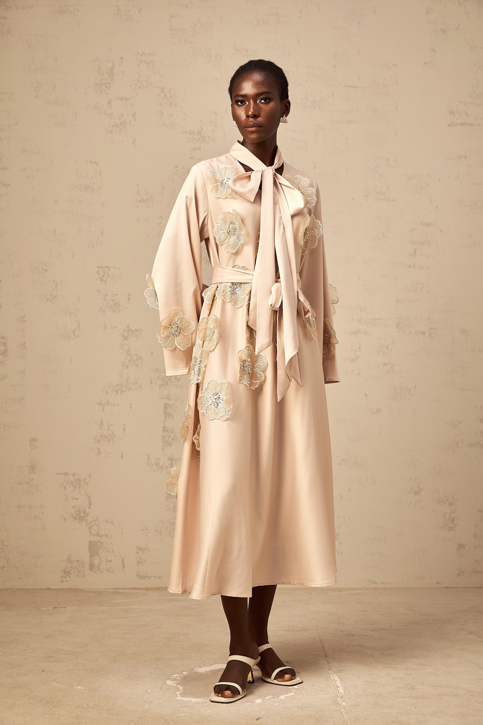 Orane tied floral-applique flared midi dress in Neutrals