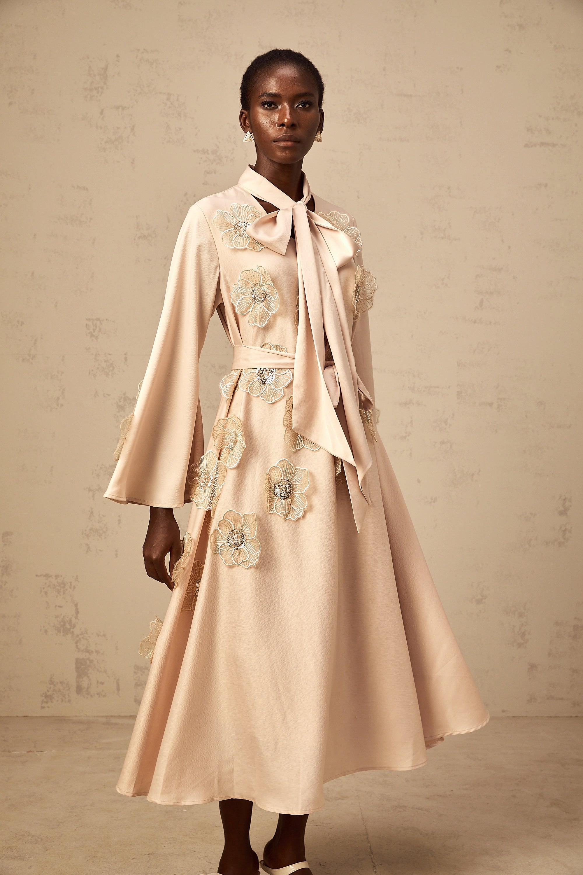 Orane tied floral-applique flared midi dress in Neutrals
