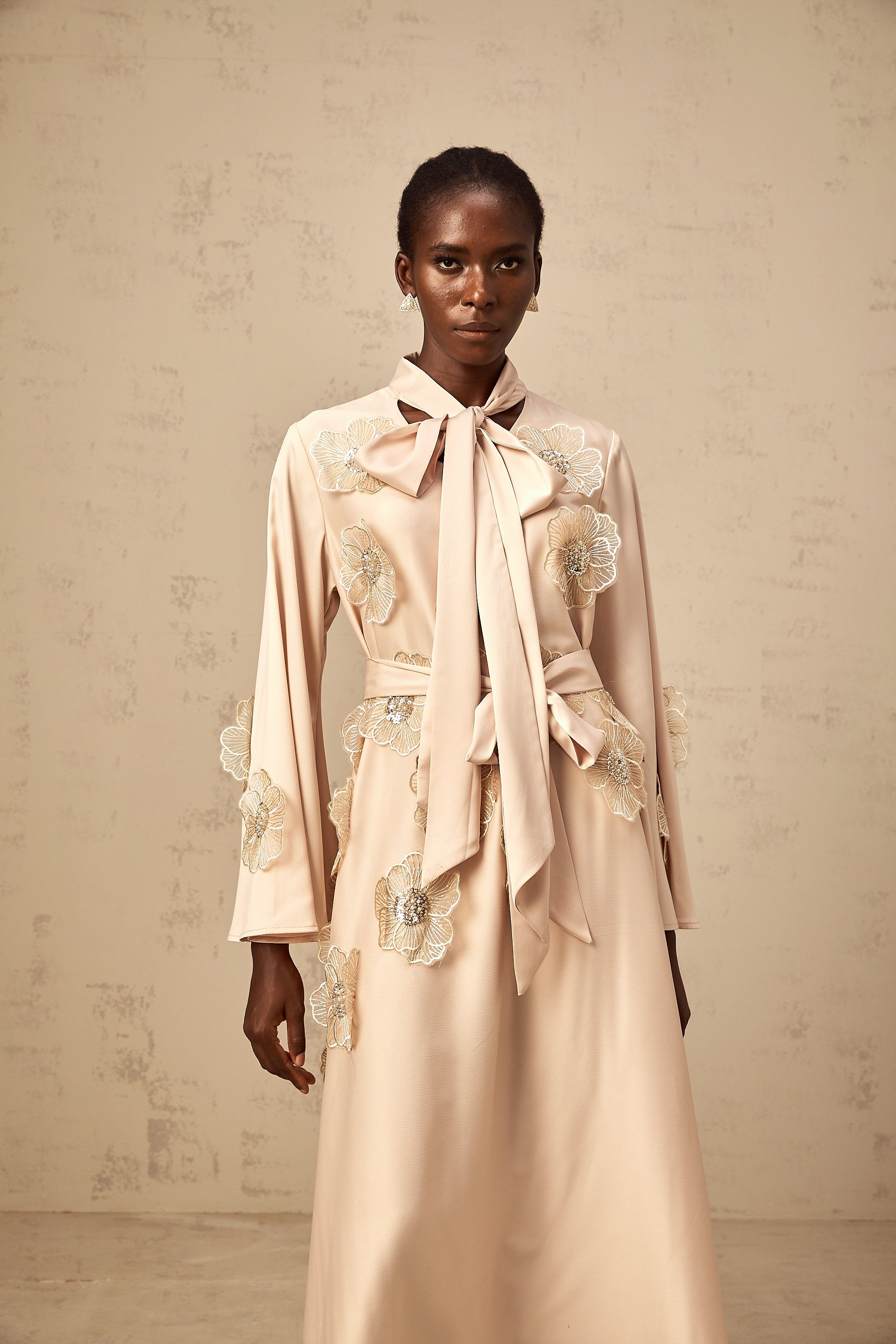 Orane tied floral-applique flared midi dress in Neutrals
