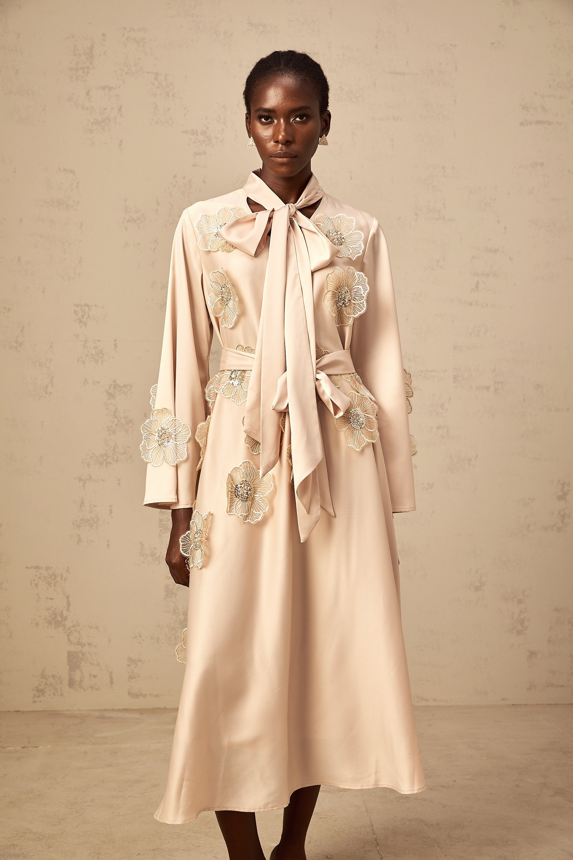 Orane tied floral-applique flared midi dress in Neutrals