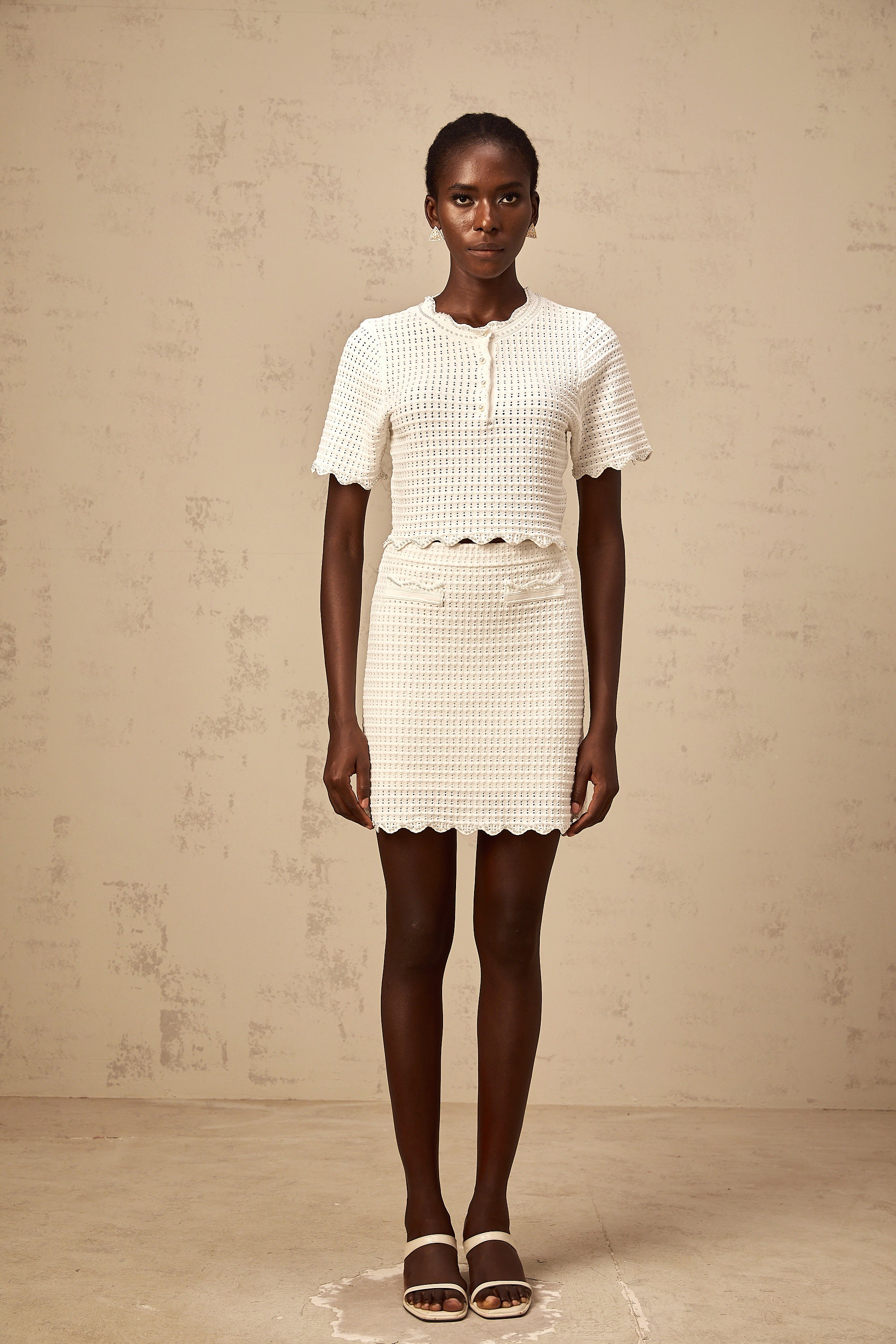 Maxanne cream-white ruffled pointelle-knit top & skirt matching set