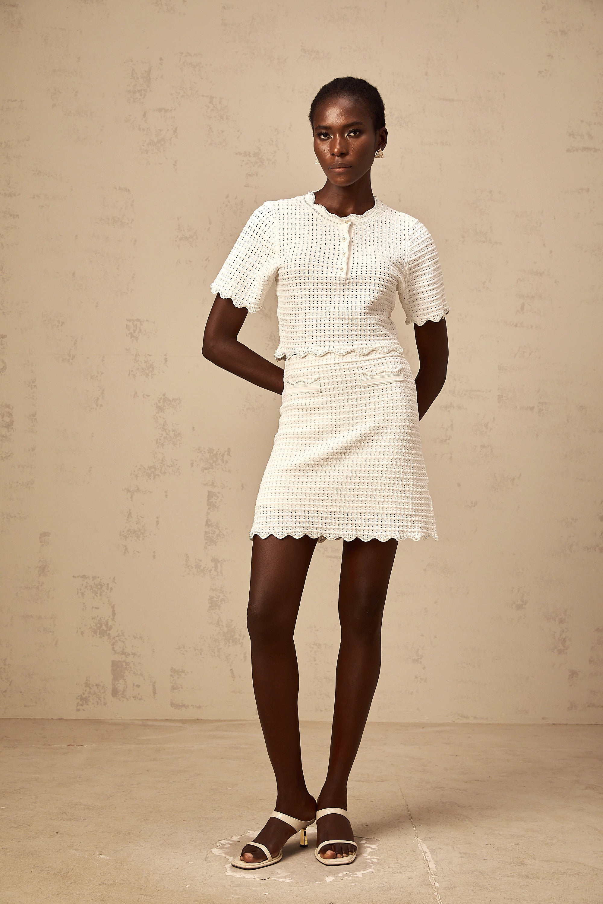 Maxanne cream-white ruffled pointelle-knit top & skirt matching set
