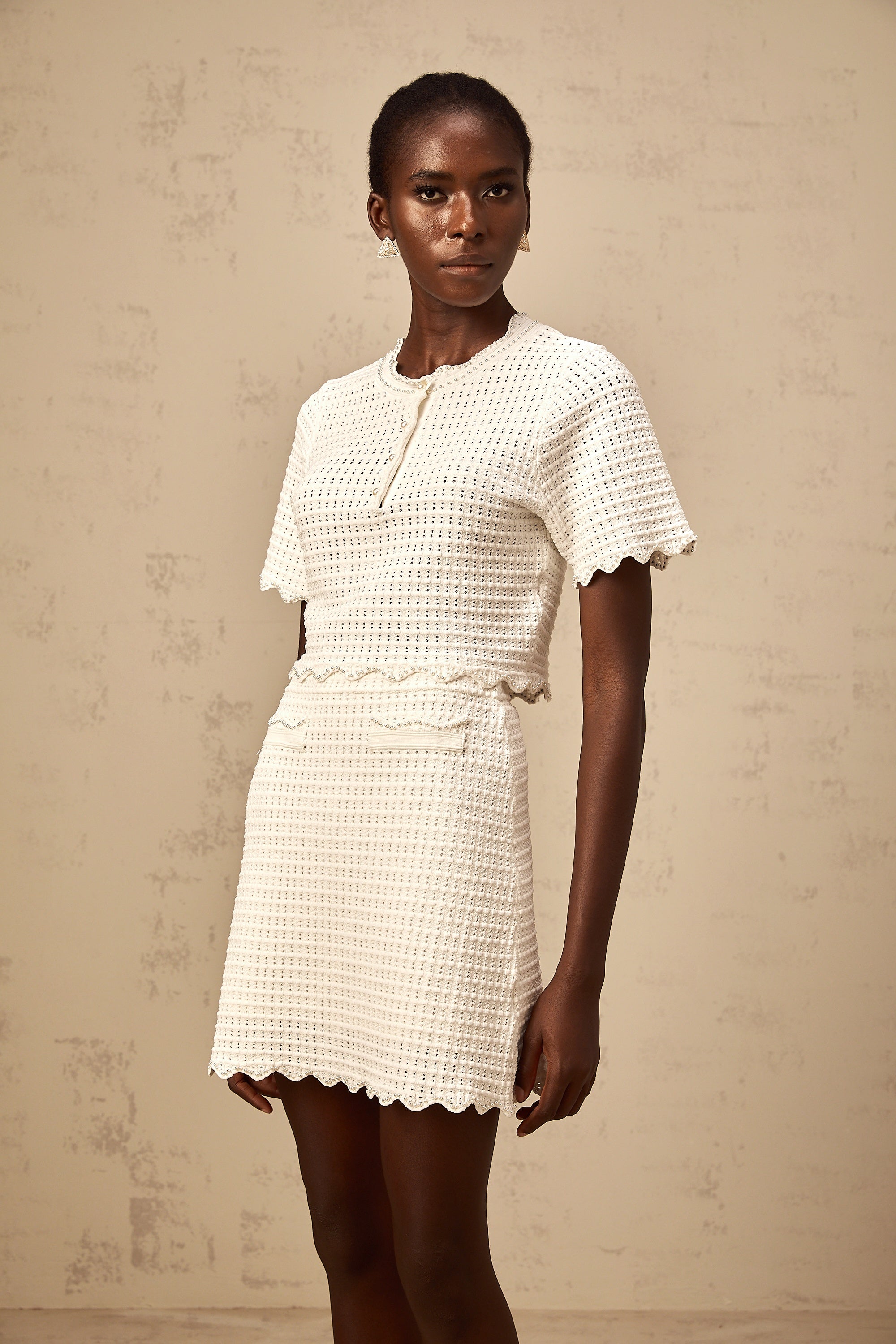 Maxanne cream-white ruffled pointelle-knit top & skirt matching set