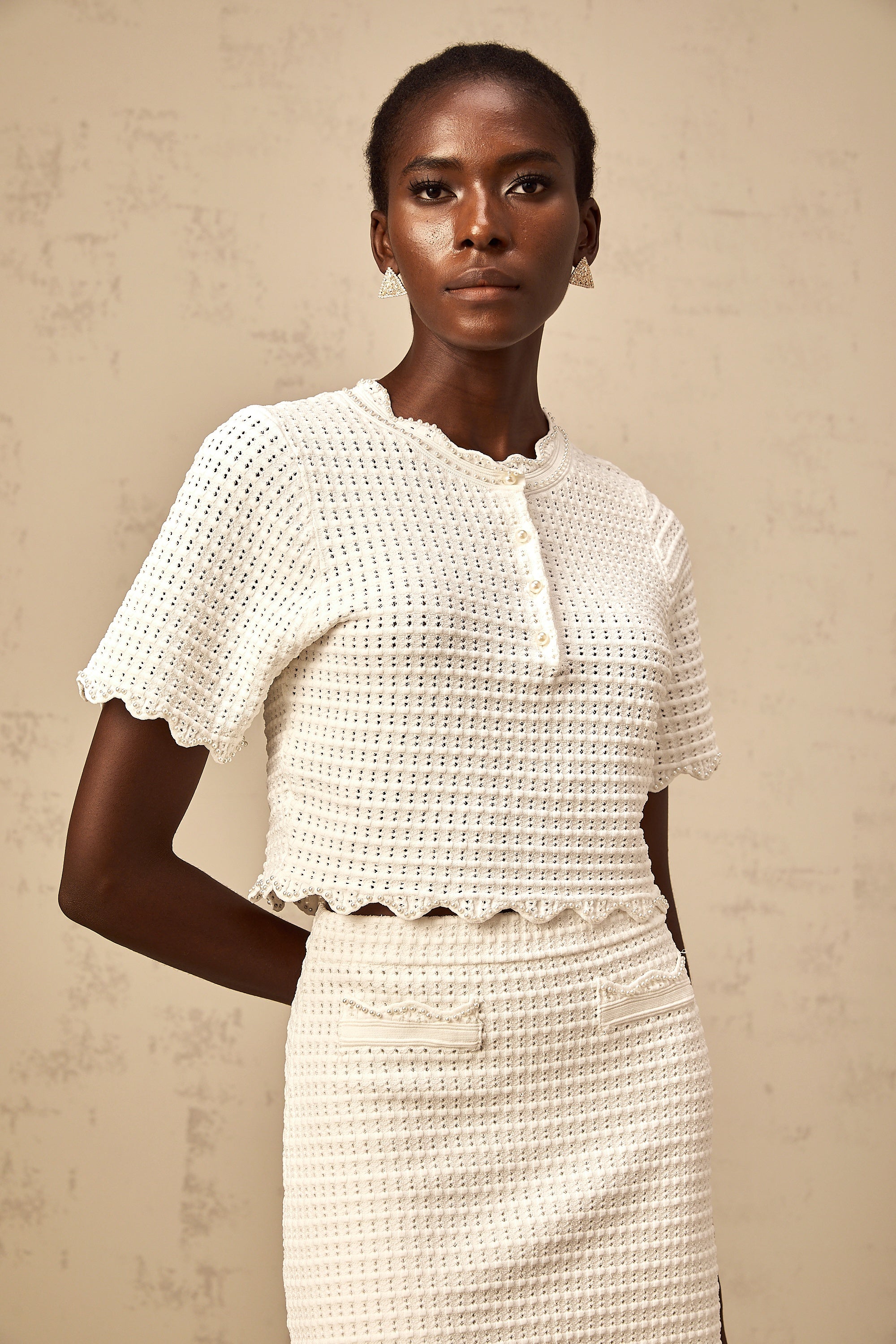 Maxanne cream-white ruffled pointelle-knit top & skirt matching set