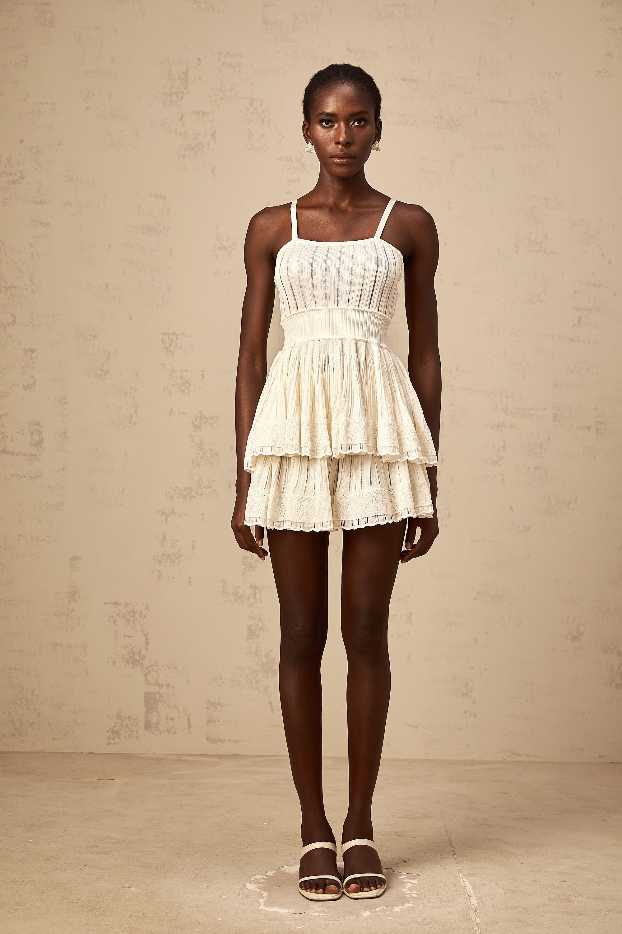 Oriane cream-white shirred crochet-knit top & culottes matching set