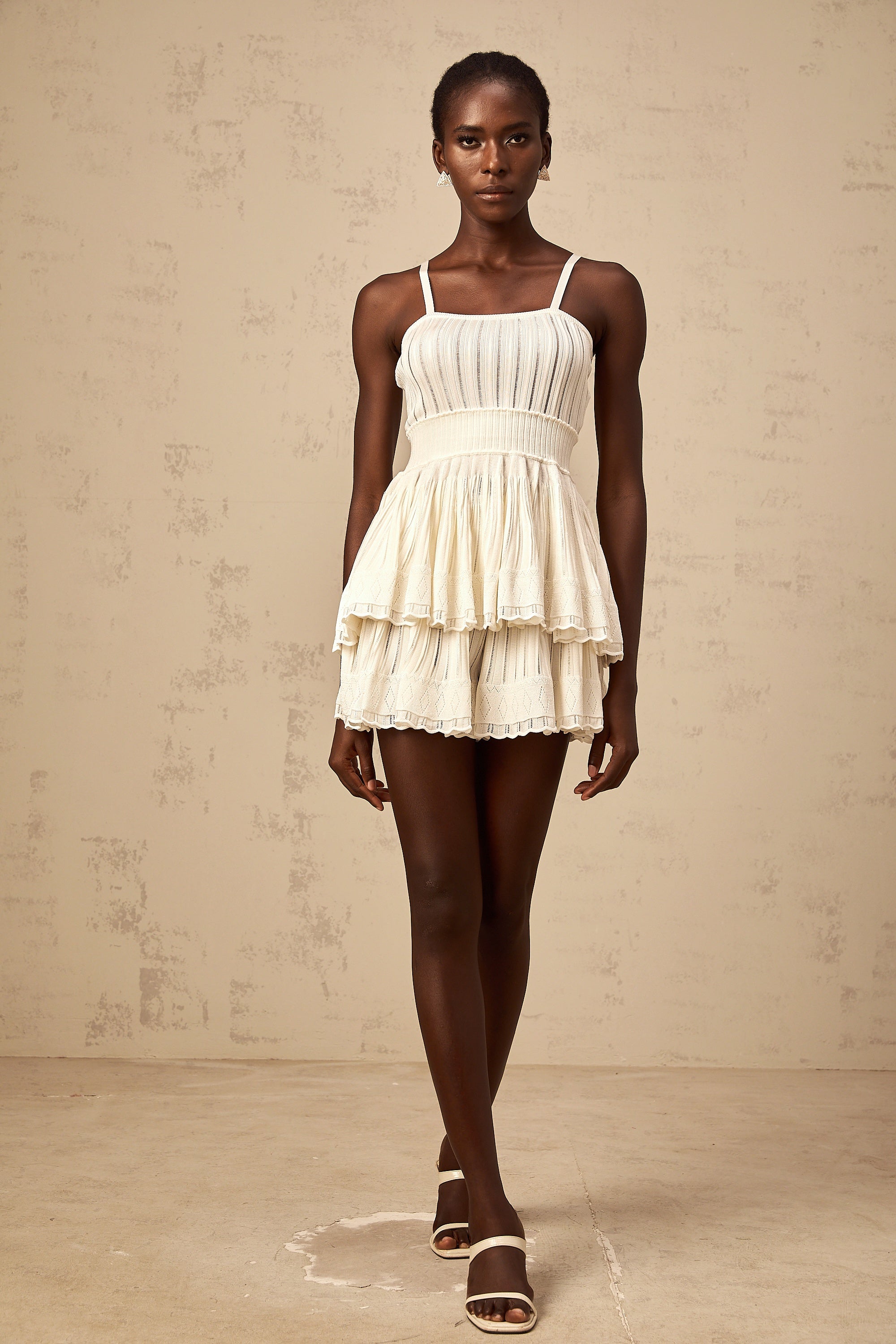 Oriane cream-white shirred crochet-knit top & culottes matching set