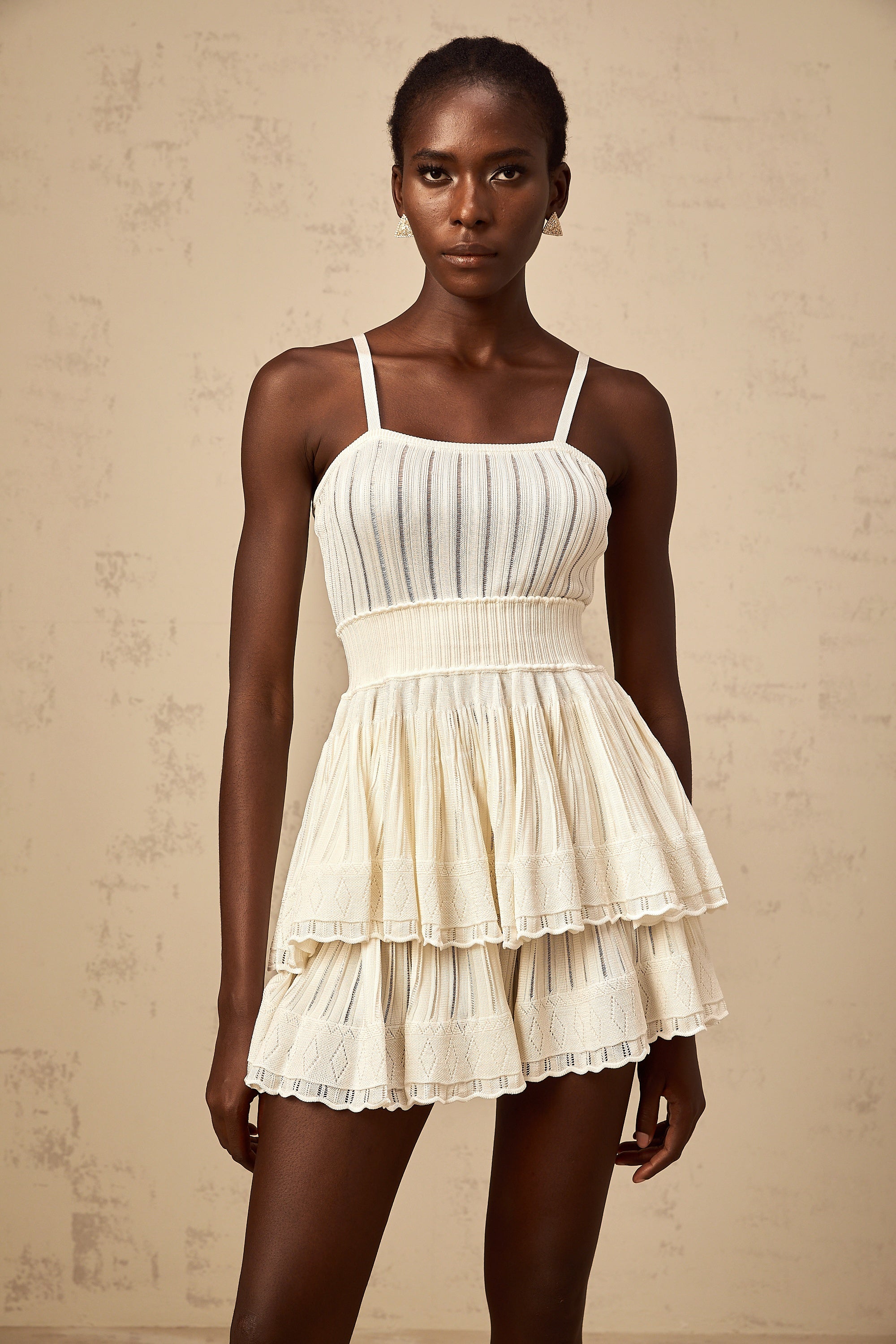 Oriane cream-white shirred crochet-knit top & culottes matching set