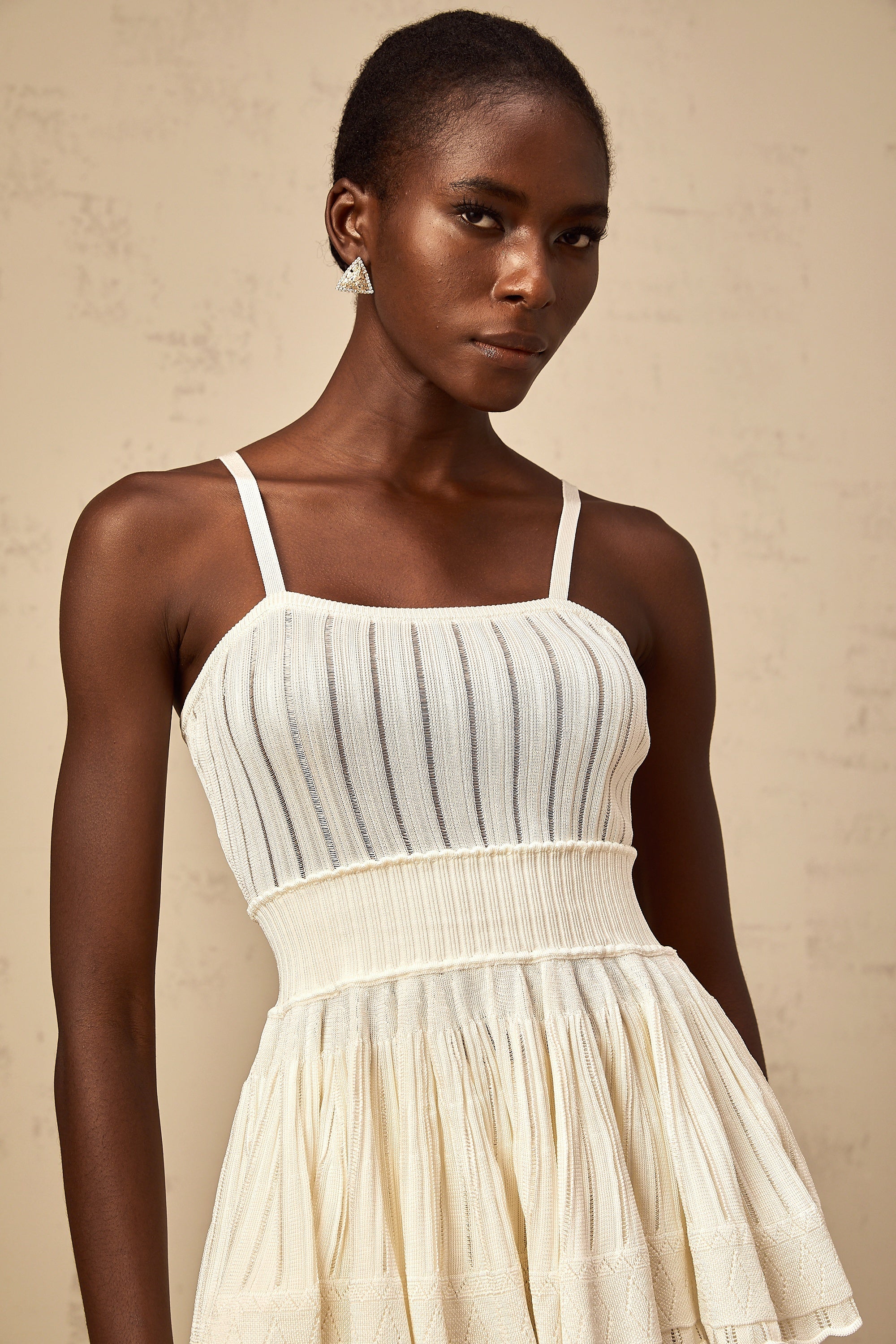 Oriane cream-white shirred crochet-knit top & culottes matching set