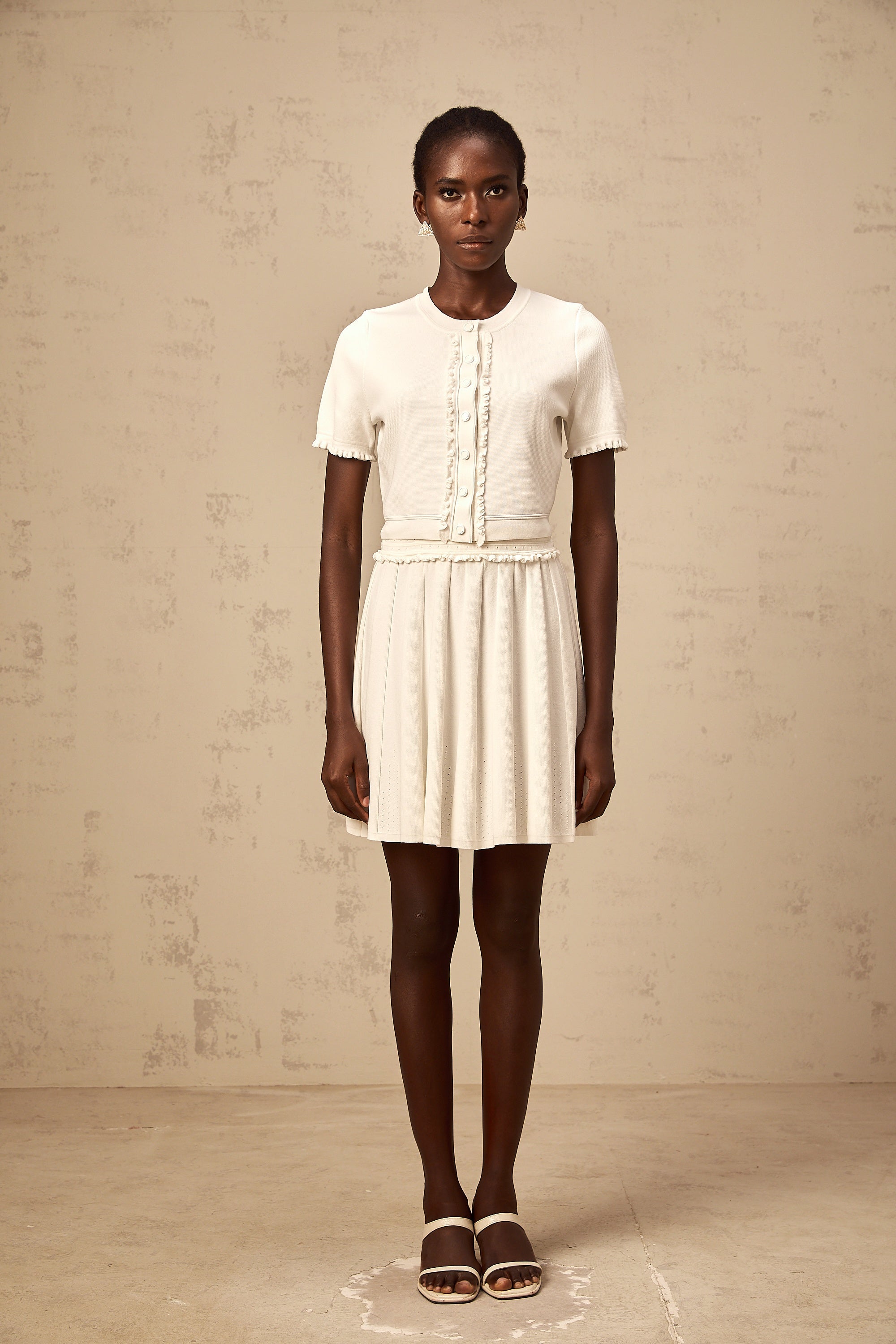 Zelda white ruffled-trim knit top & skirt matching set