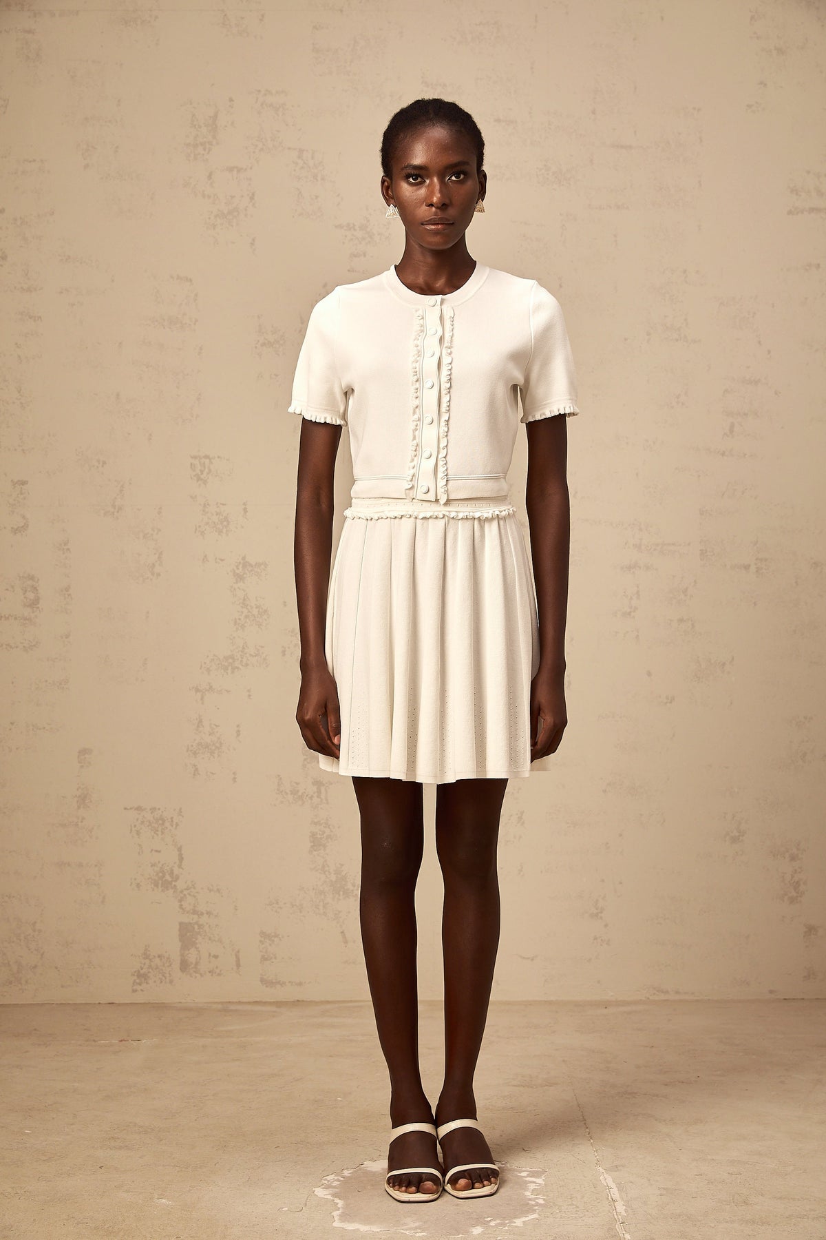Zelda white ruffled-trim knit top & skirt matching set