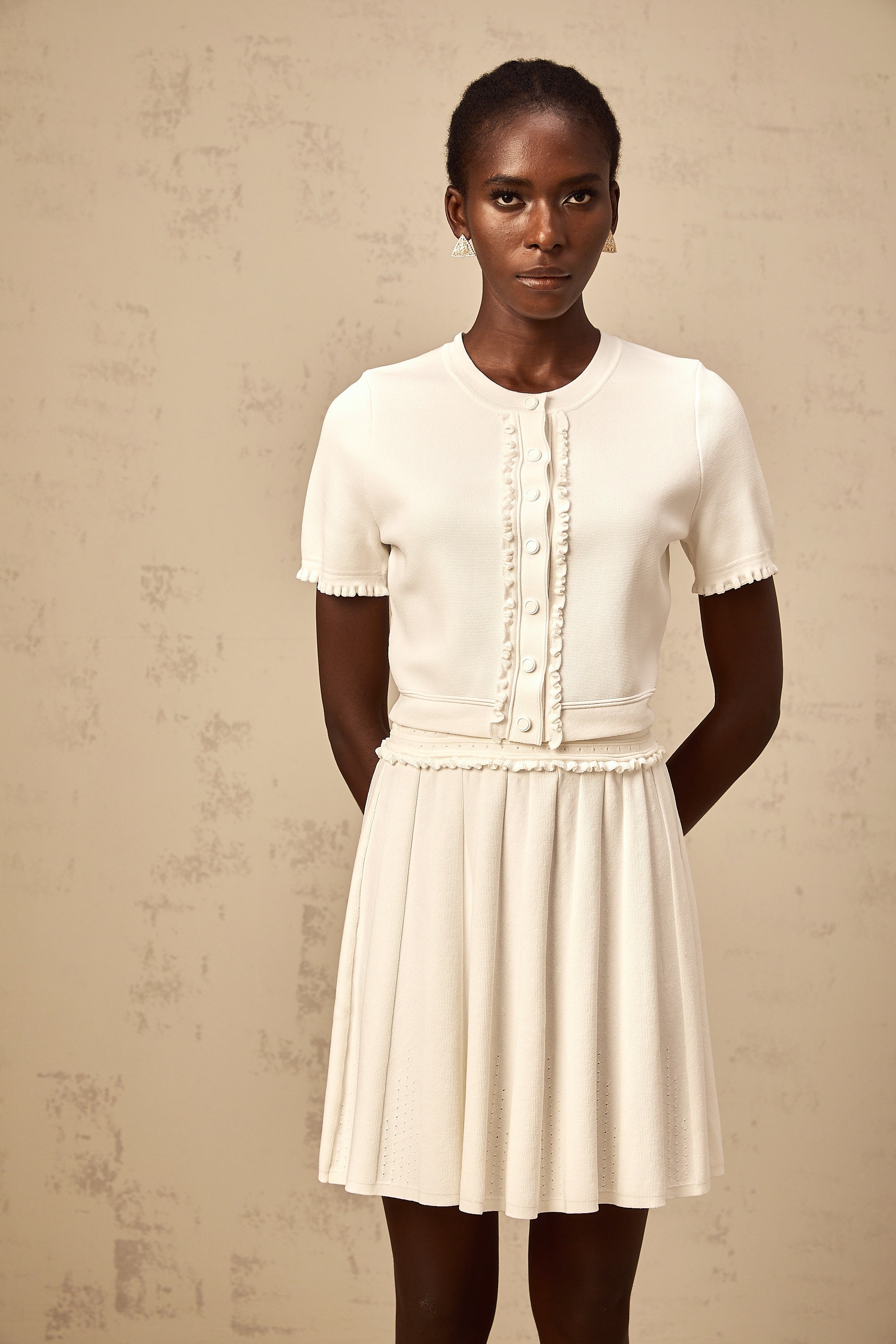 Zelda white ruffled-trim knit top & skirt matching set