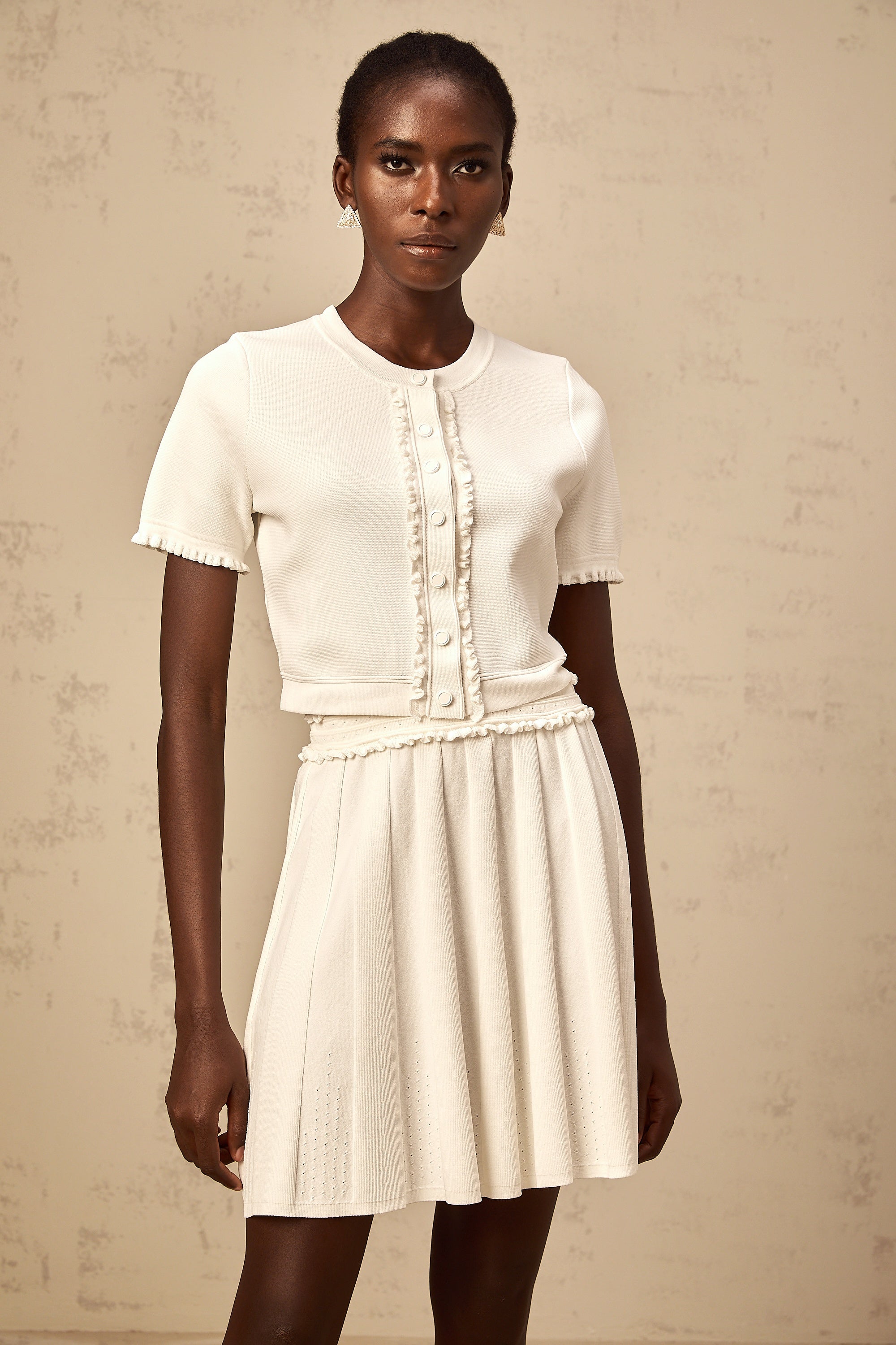 Zelda white ruffled-trim knit top & skirt matching set