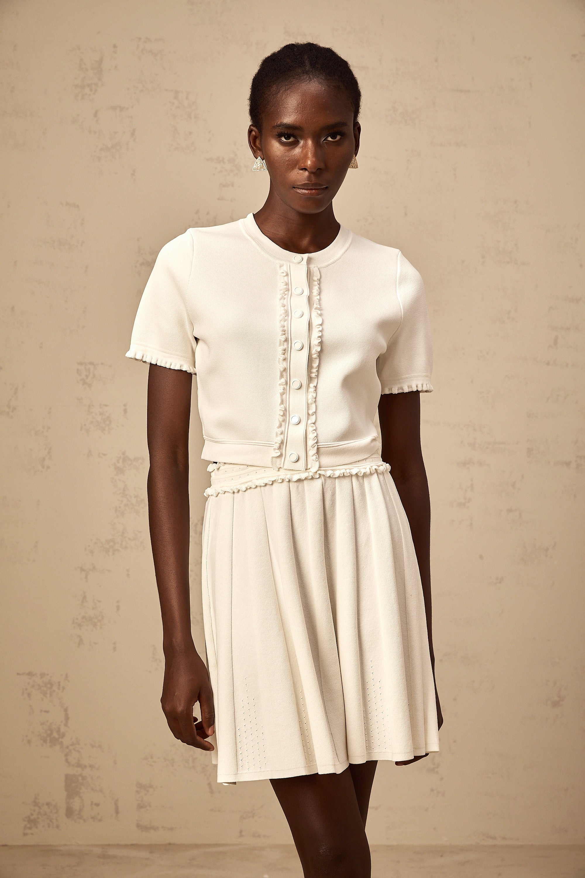 Zelda white ruffled-trim knit top & skirt matching set