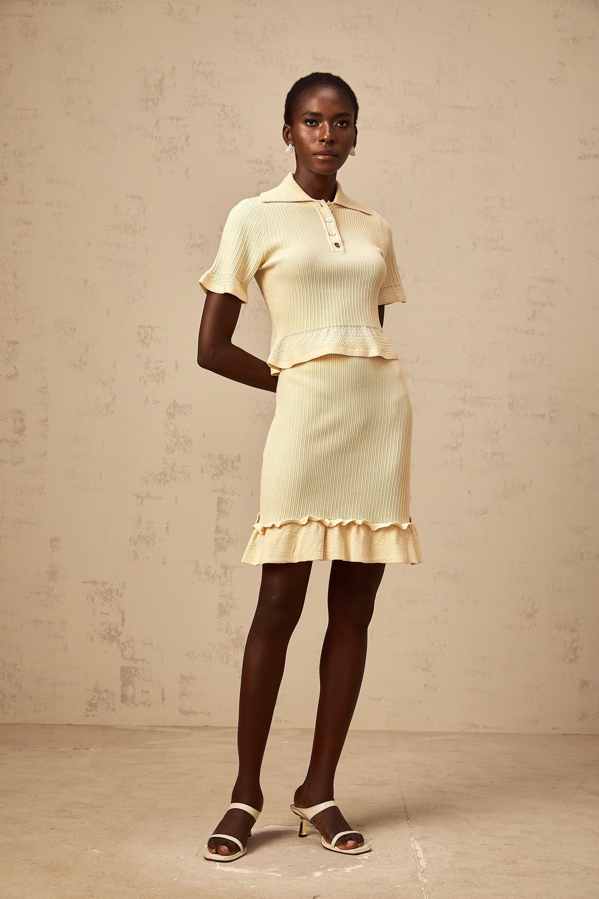 Reine yellow ruffled ribbed-knit top & skirt matching set