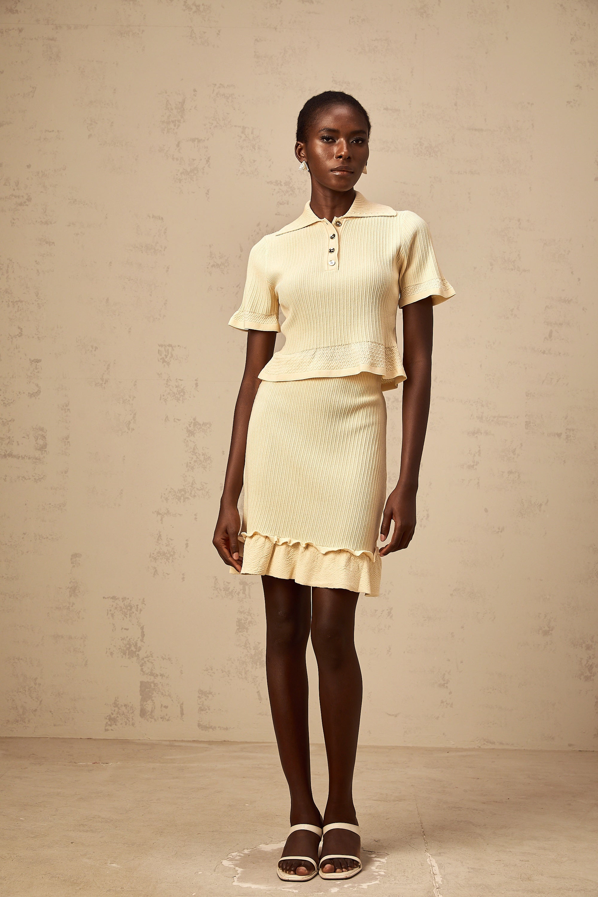 Reine yellow ruffled ribbed-knit top & skirt matching set