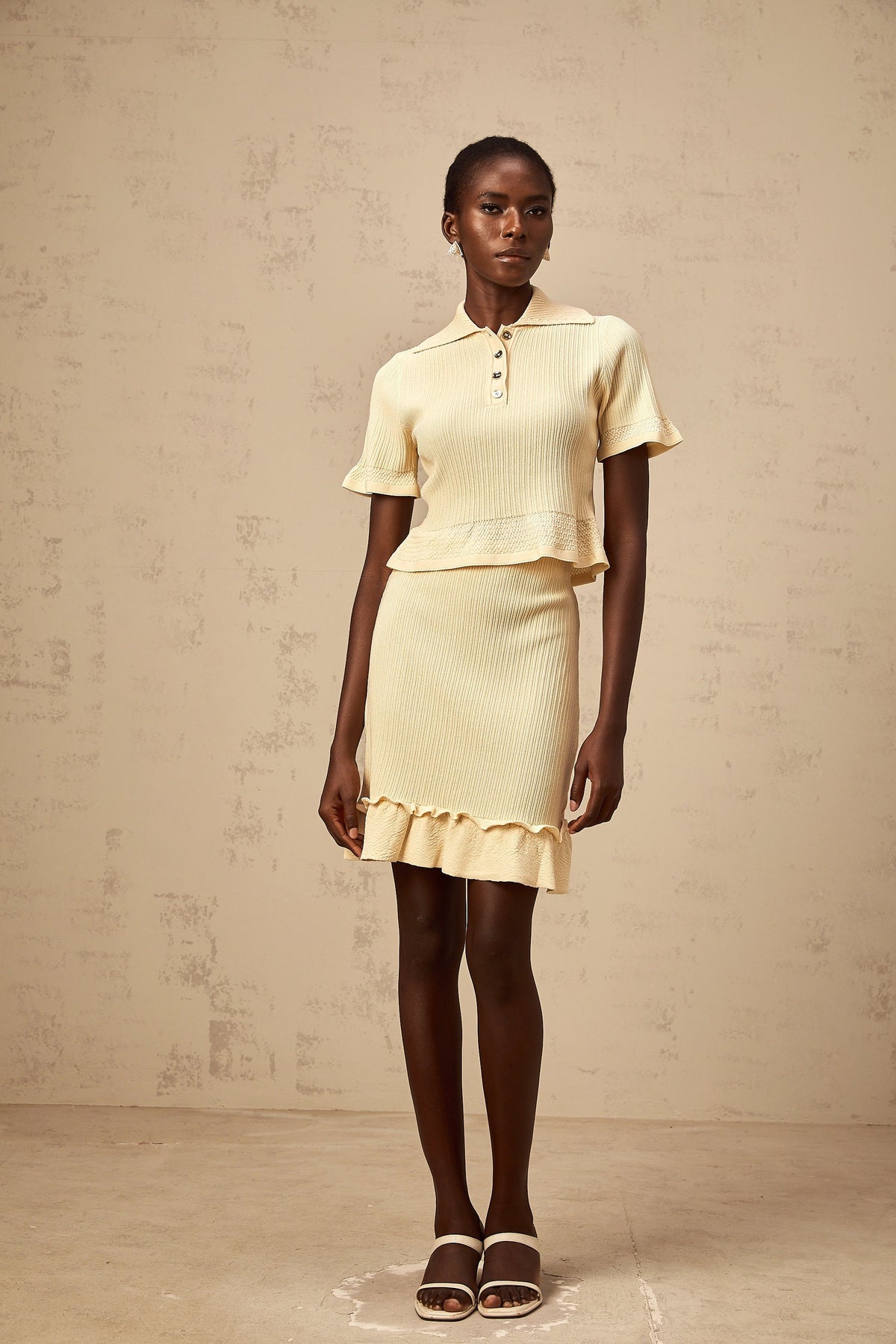 Reine yellow ruffled ribbed-knit top & skirt matching set