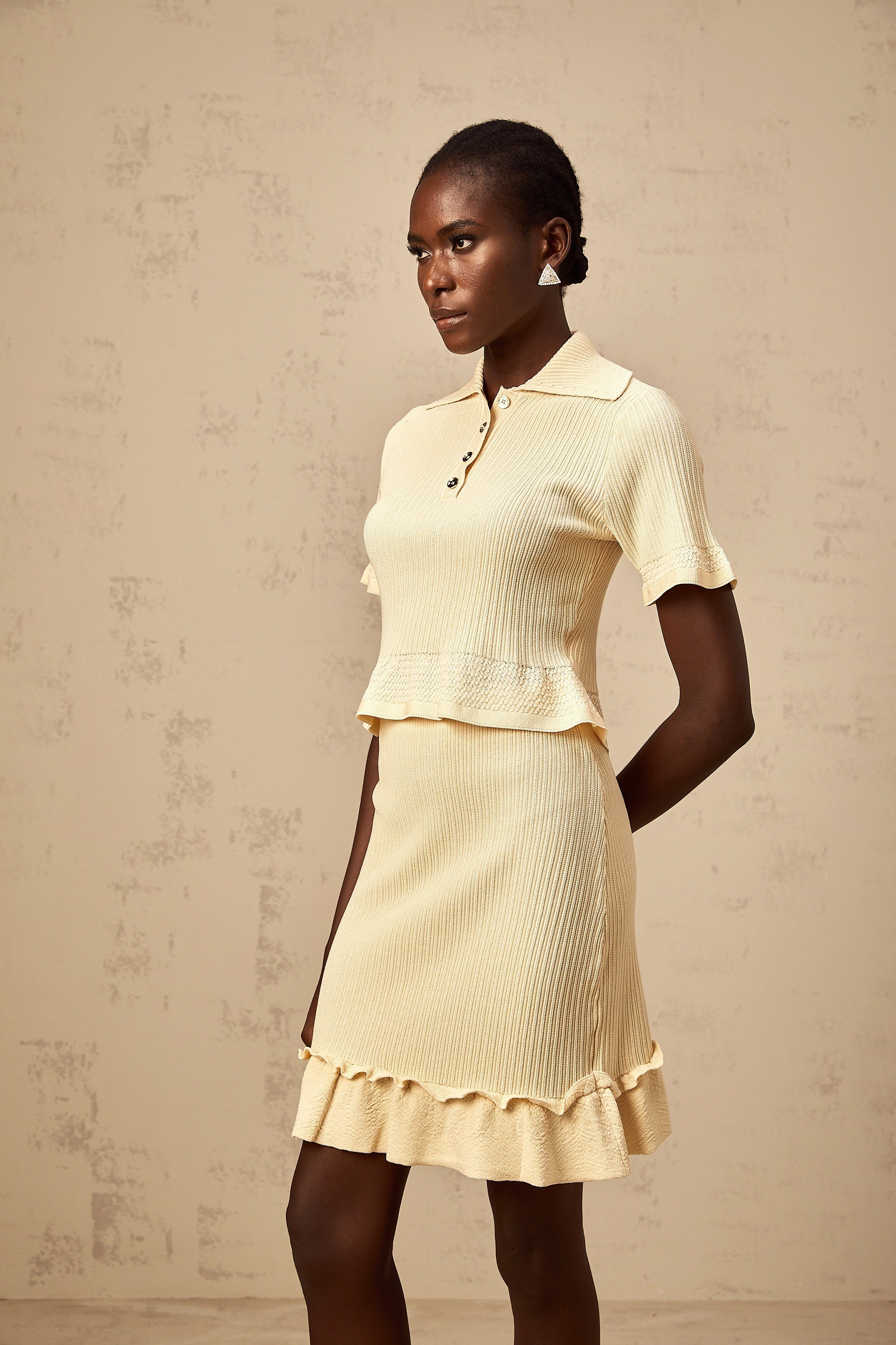 Reine yellow ruffled ribbed-knit top & skirt matching set