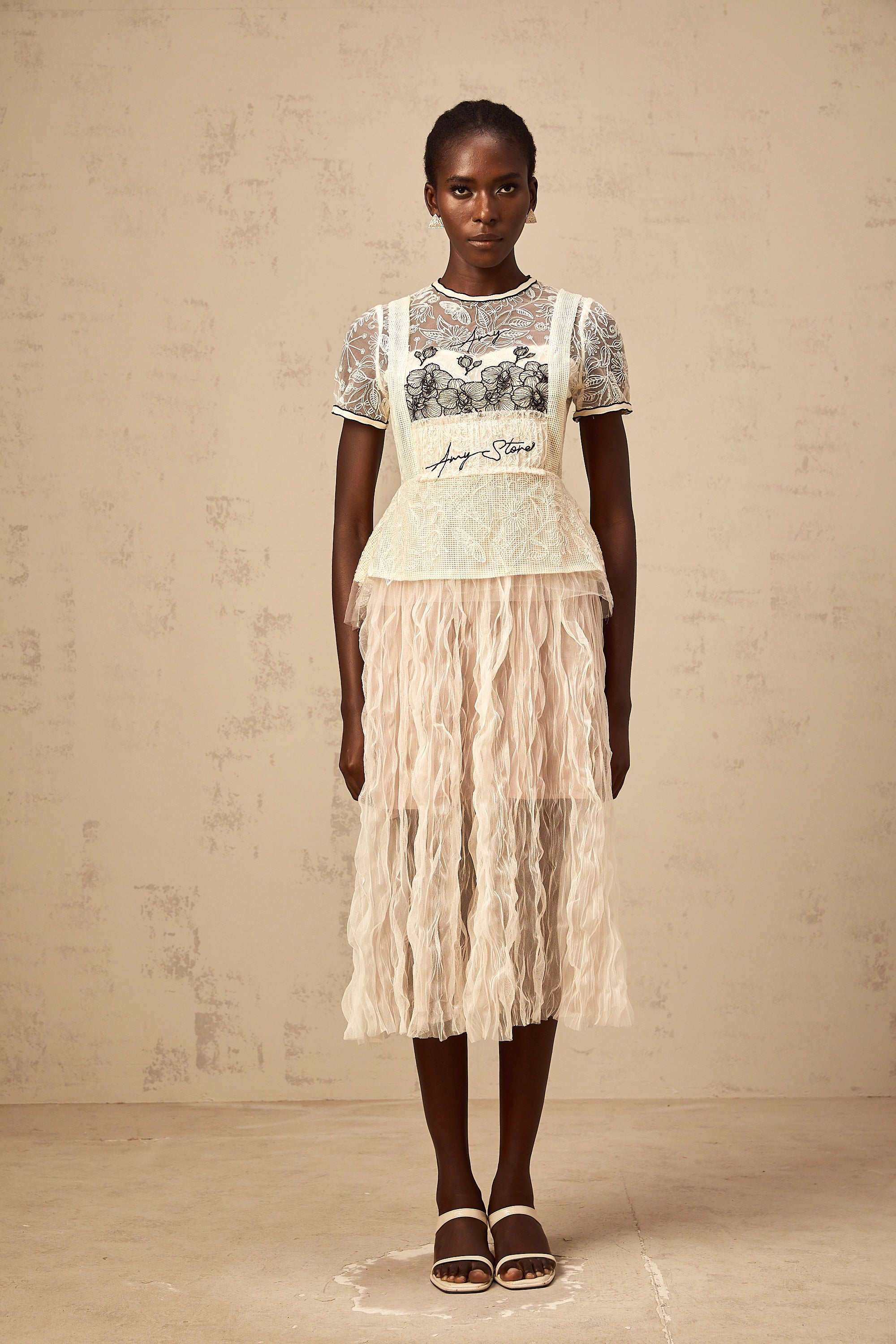 Sandrine beige embroidered tulle midi dress