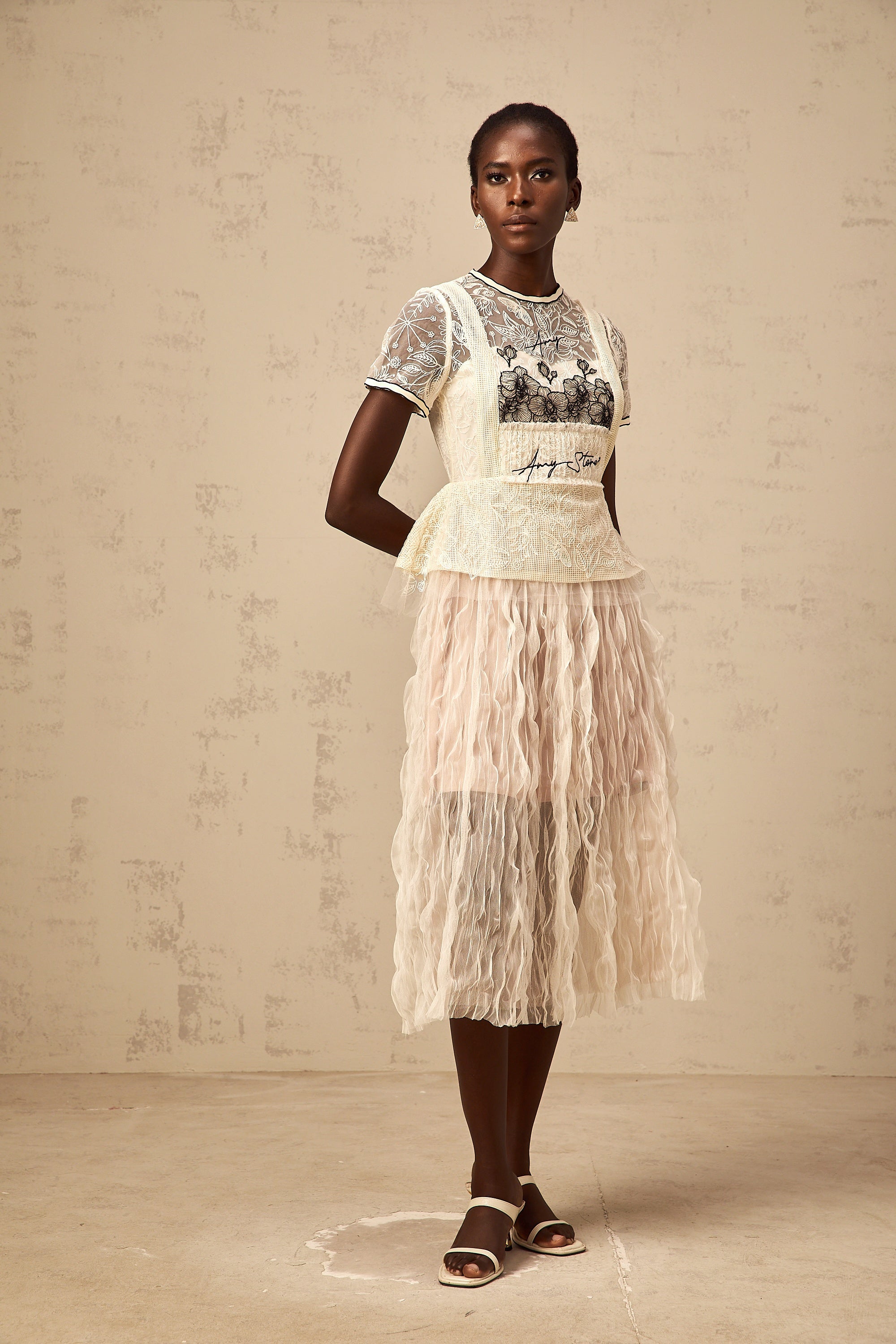 Sandrine beige embroidered tulle midi dress (Final Sale)
