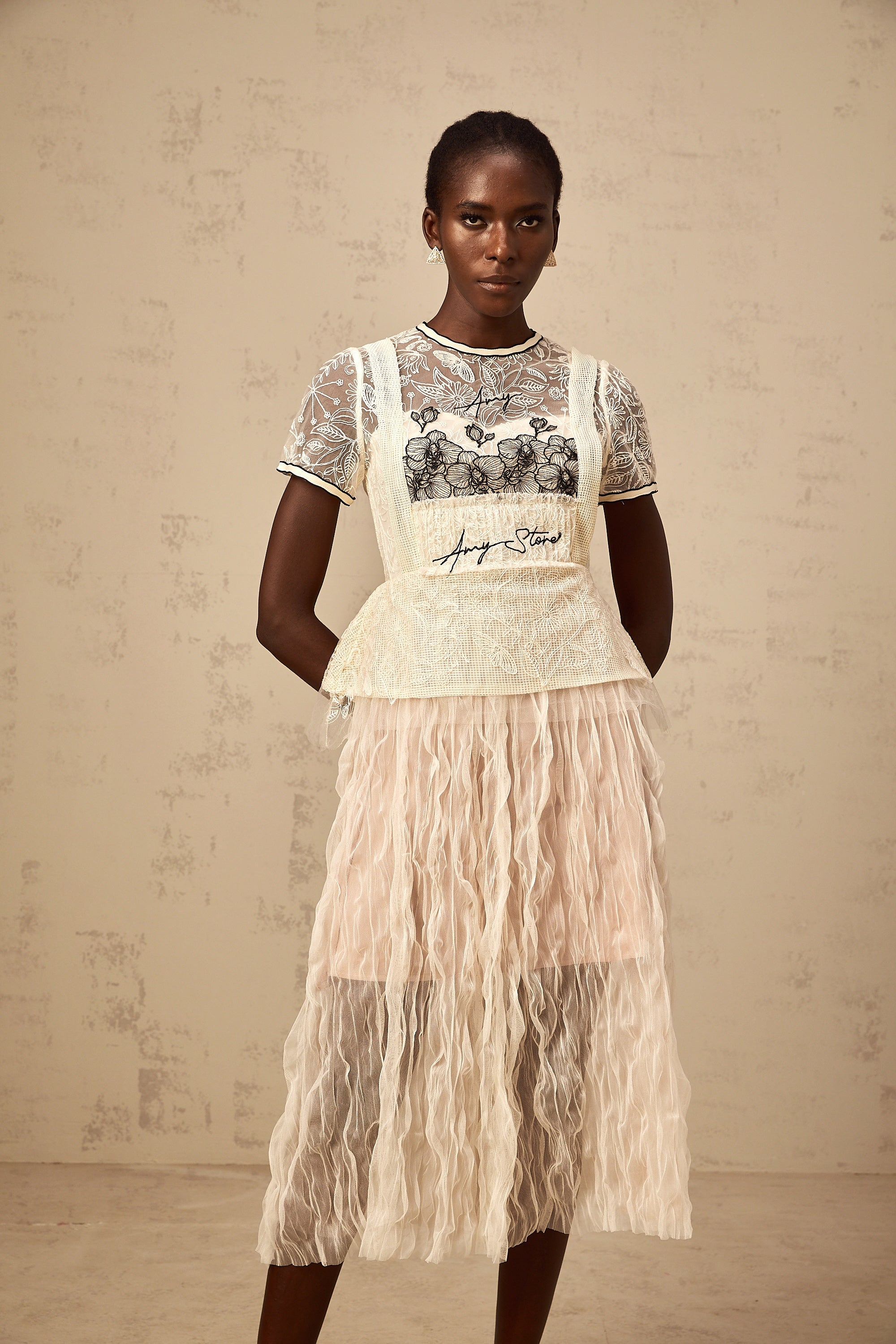 Sandrine beige embroidered tulle midi dress