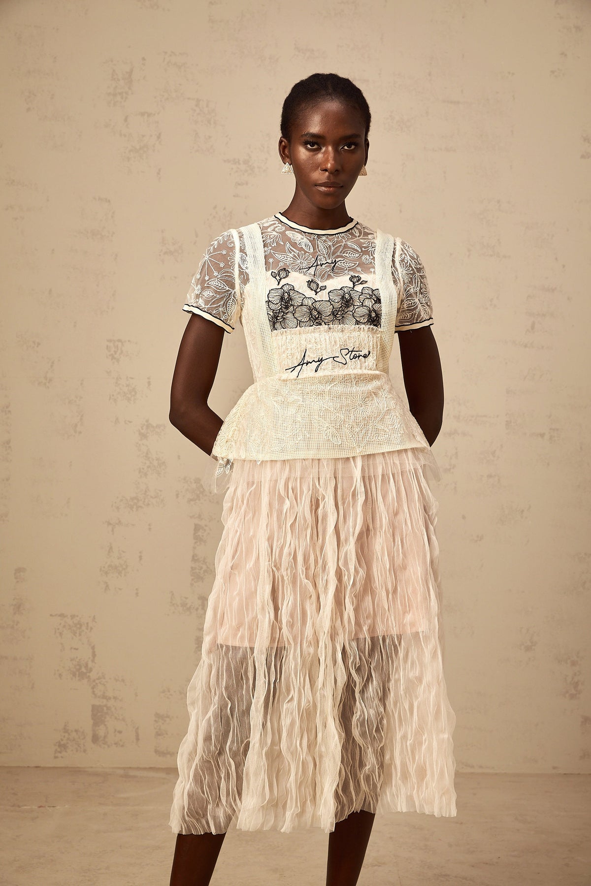 Sandrine beige embroidered tulle midi dress (Final Sale)