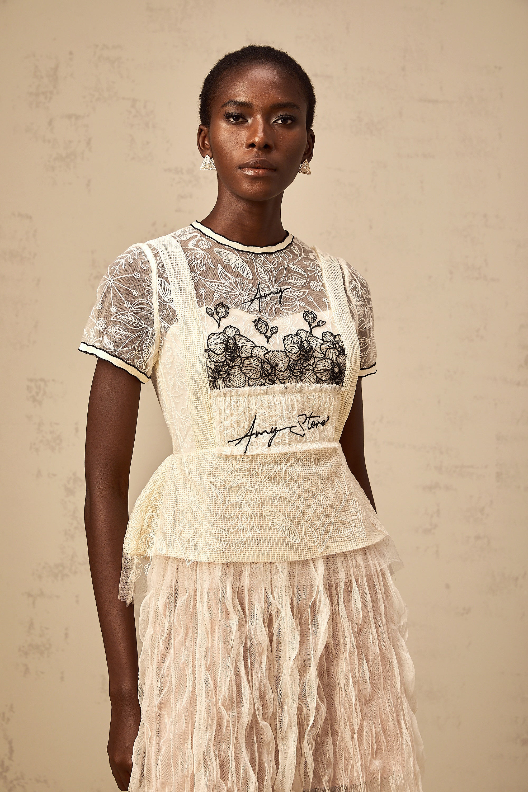 Sandrine beige embroidered tulle midi dress