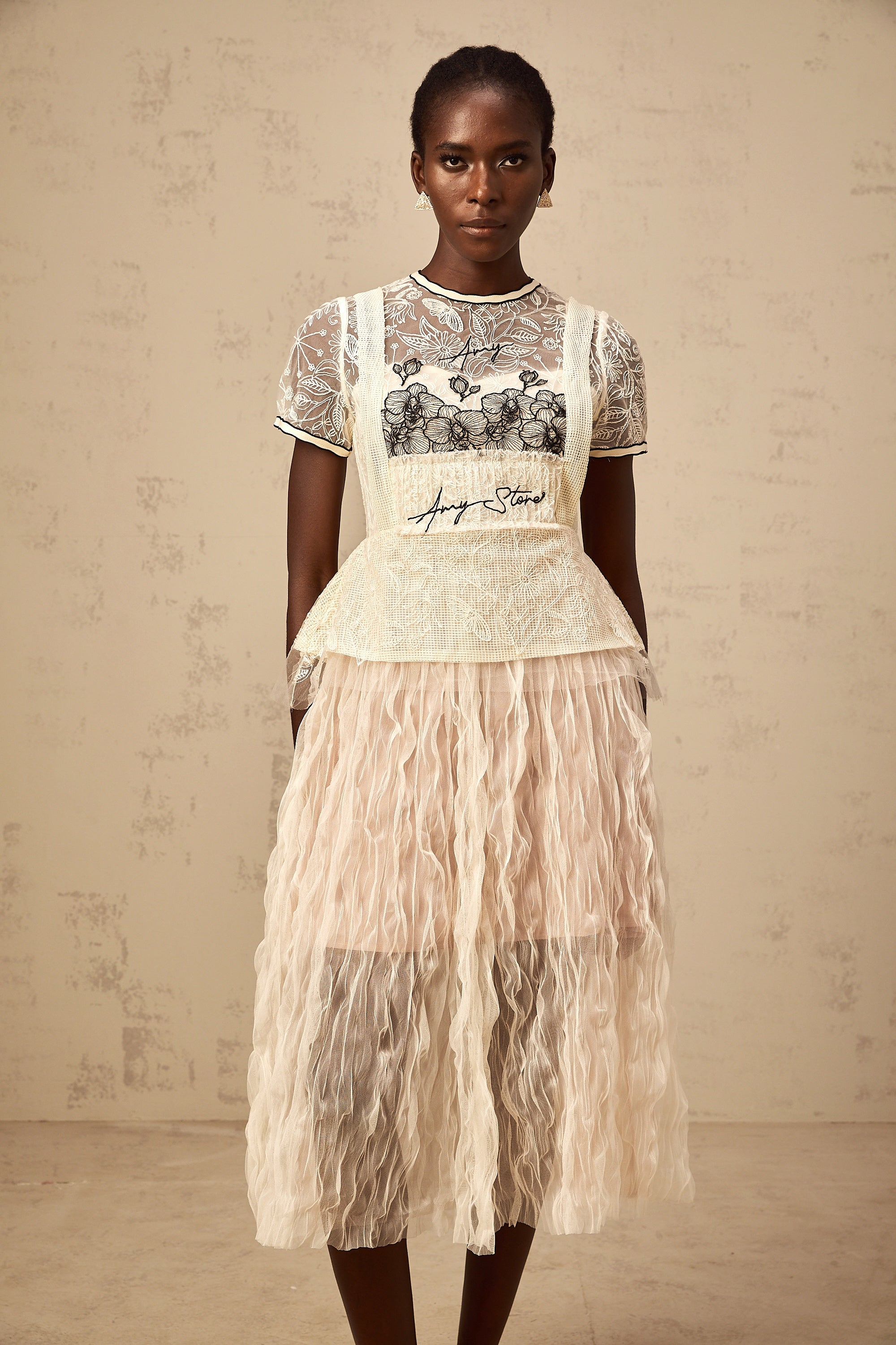 Sandrine beige embroidered tulle midi dress