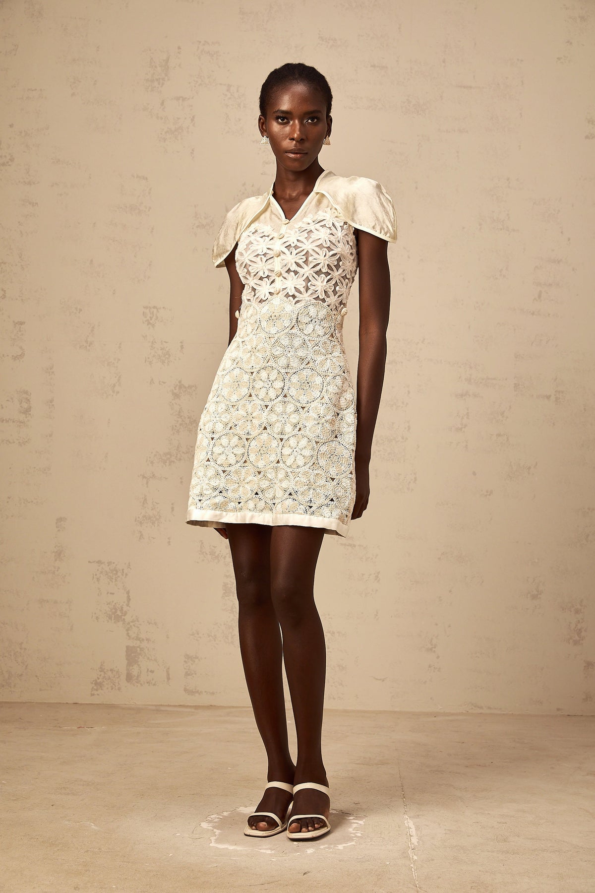 Wilhelmine cream embroidered panelled mini dress