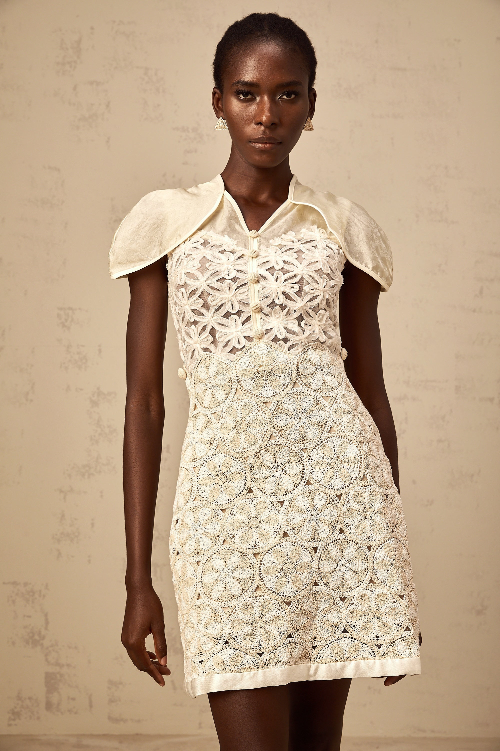 Wilhelmine cream embroidered panelled mini dress