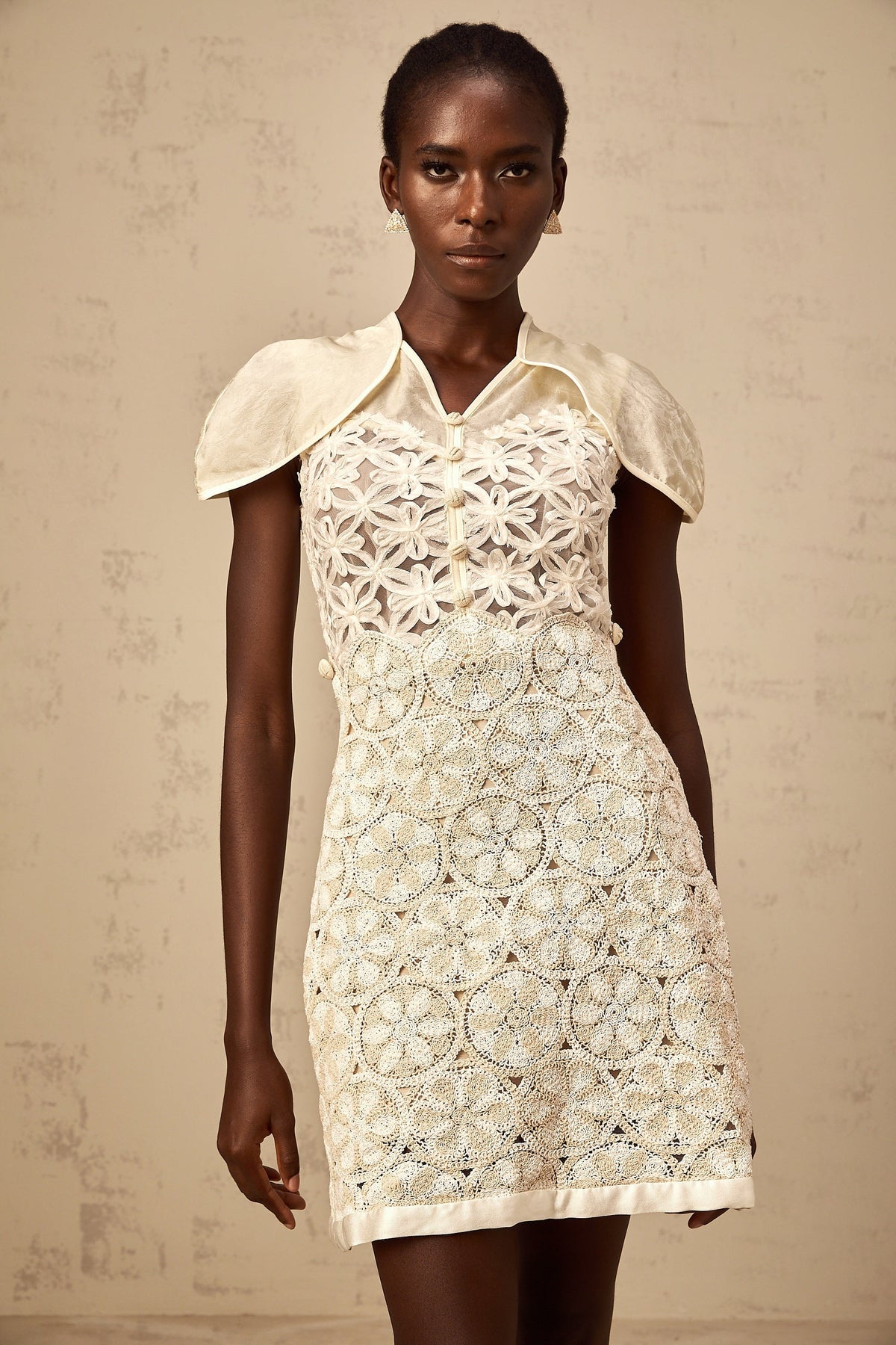 Wilhelmine cream embroidered panelled mini dress