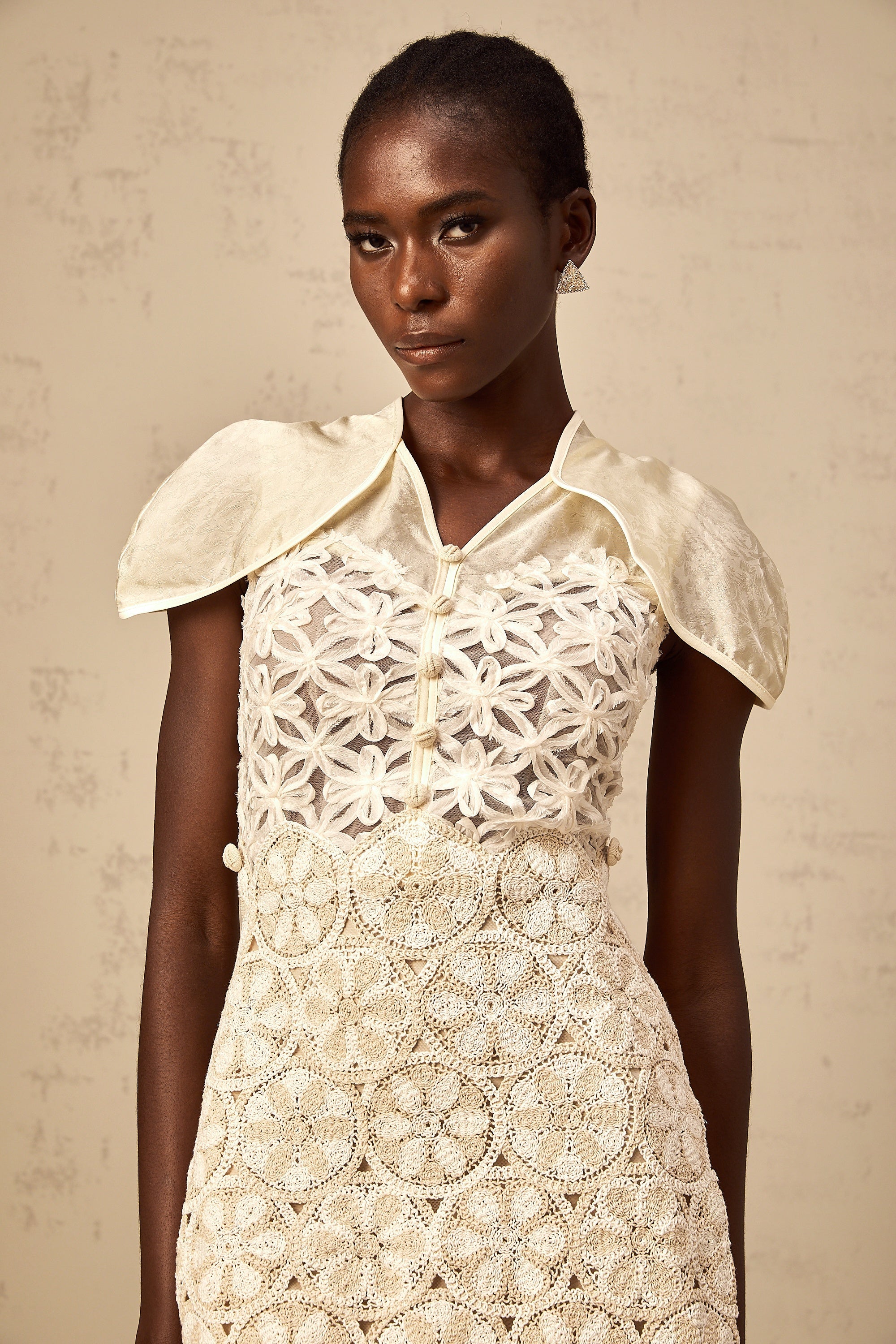 Wilhelmine cream embroidered panelled mini dress