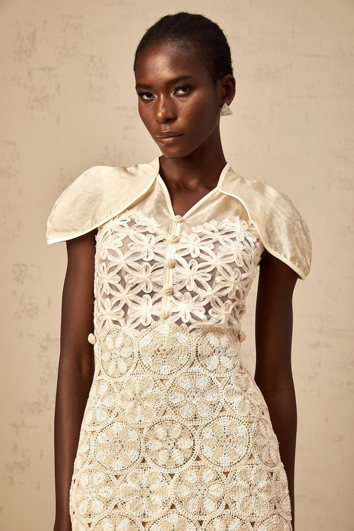Wilhelmine cream embroidered panelled mini dress