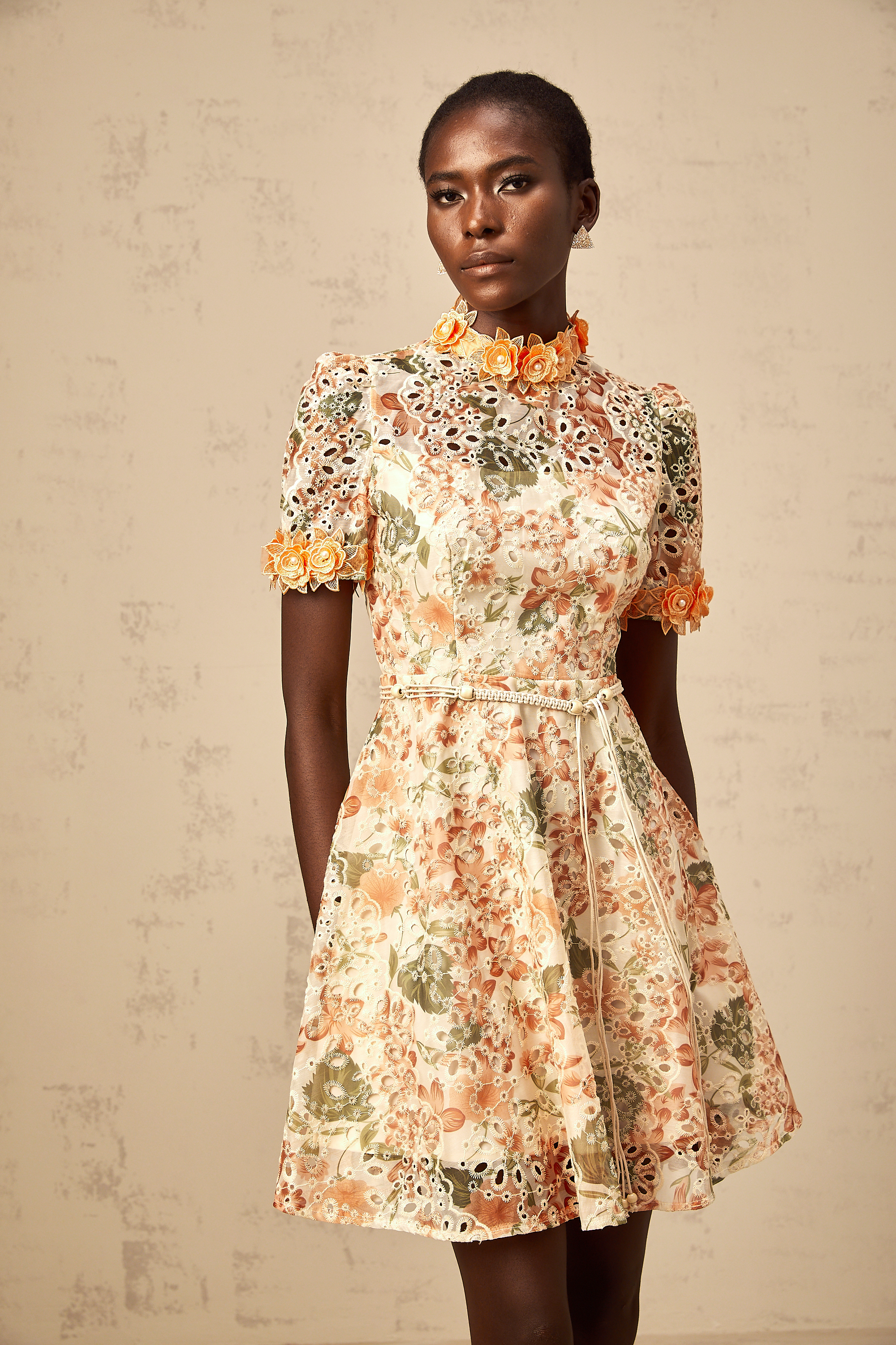 Lilou orange flower-embroidered embellished mini dress